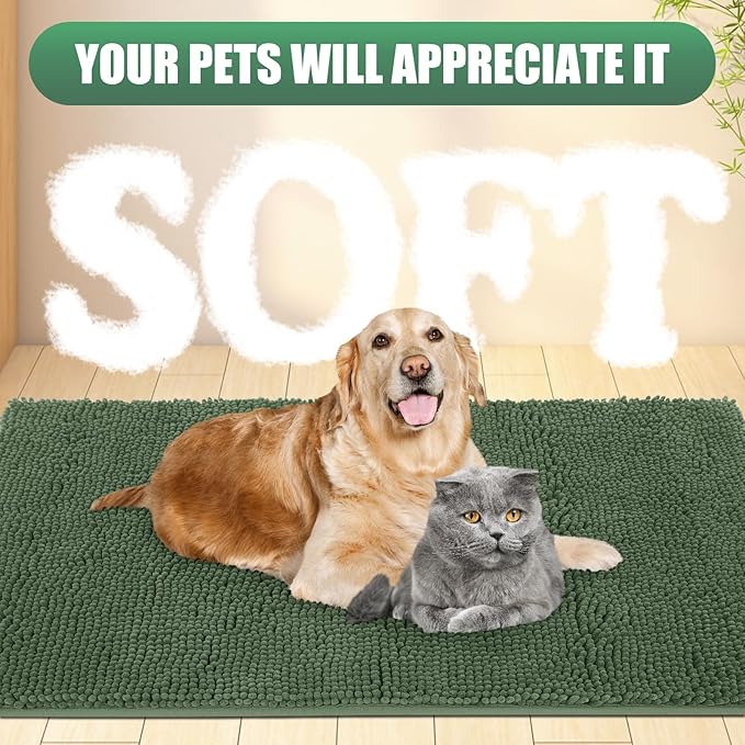 IM HOME Chenille Absorbent Outdoor Doormat 71" x 25", Washable Muddy Door Mats for Dog Non Slip Heavy Indoor Doormat Soft Front Inside Doormats for Entryway, Mud Dog Paws, Patio Olive