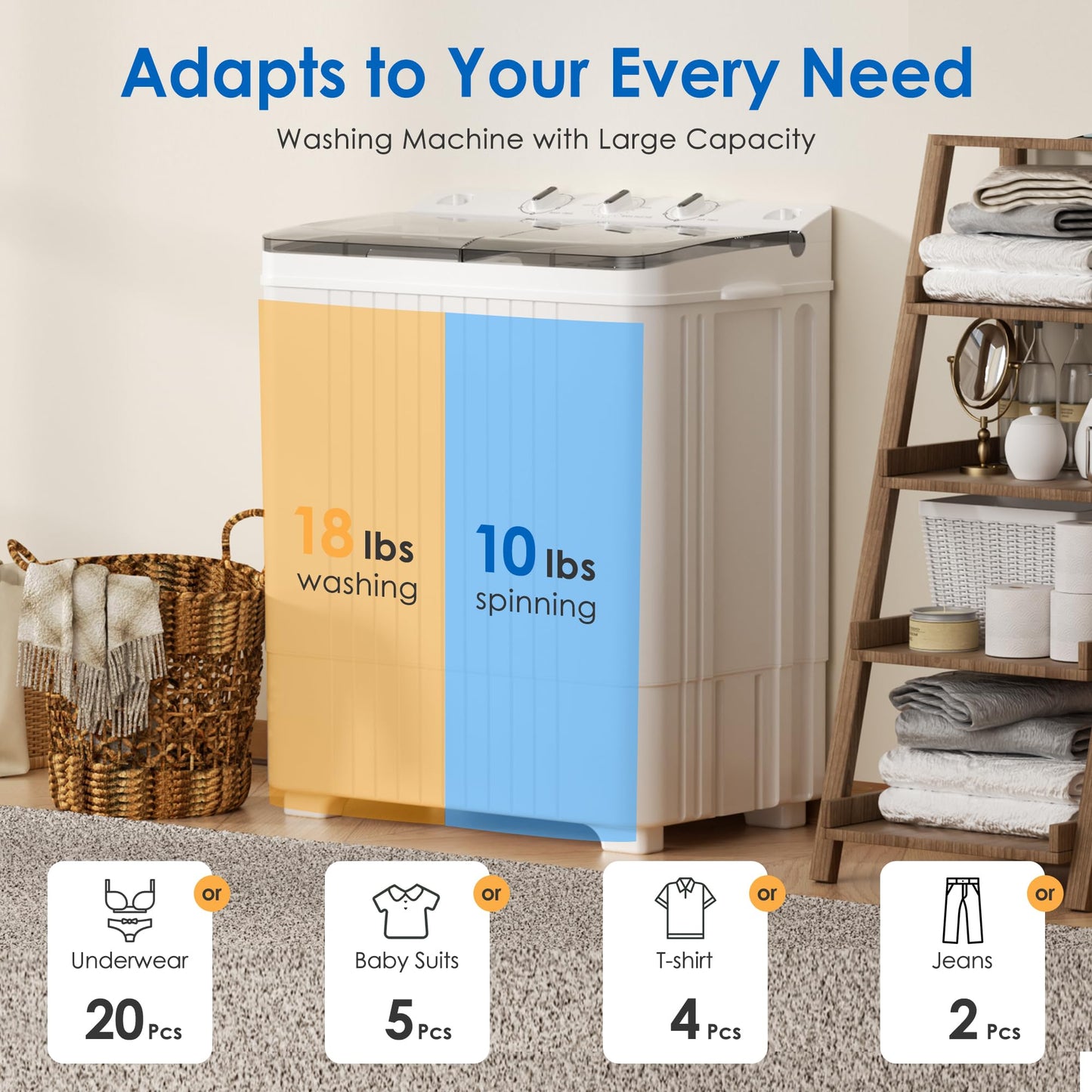 MarKnig Portable Washing Machine, 28lbs Twin Tub Mini Washer Compact Laundry Machine with Timer Knobs, Semi-automatic 18lbs Washer 10lbs Spinner Combo for Dorms, Apartments, Grey