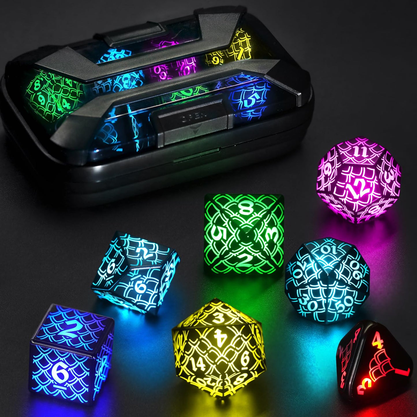 LED Dice with Charging Box，7 PCS RGB Light up Dice for Dungeons and Dragons, Polyhedral DND Dice Set for Tabletop Games Gifts（LL-RGB）