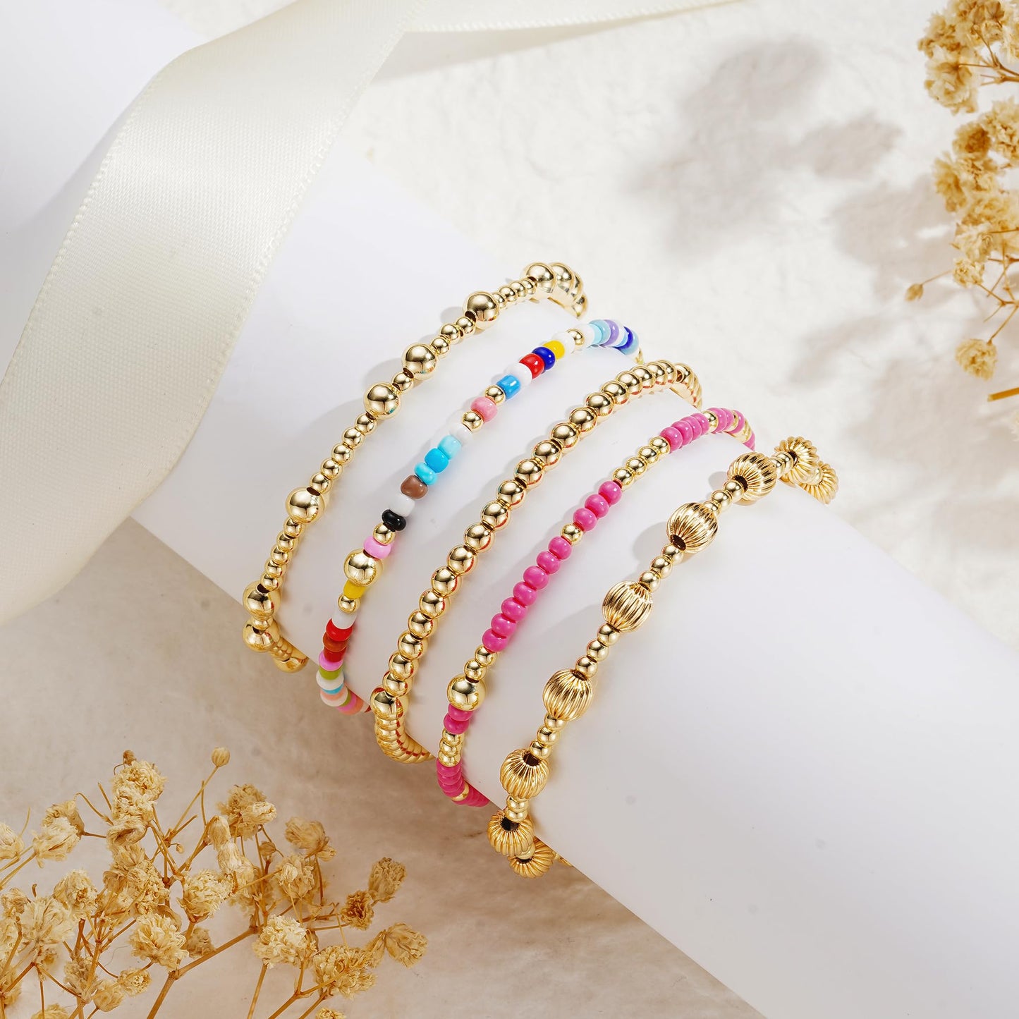 Turandoss Mothers Day Gifts 5PCS Gold Beaded Bracelets for Women - Dainty 14K Gold Plated Bead Ball Bracelets for Women Colorful Beaded Stretch Bracelet Mothers Day Gifts for Mom Daughters