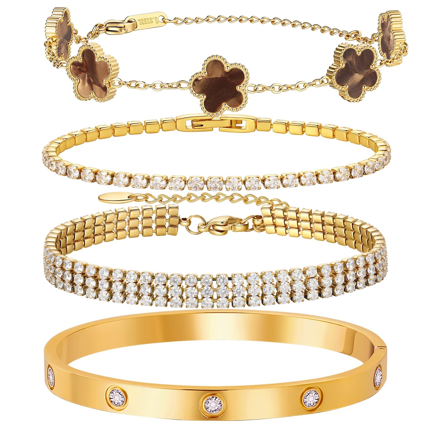 MVCOLEDY 18 K Gold Plated Love Bracelet Stack for Women 4-Piece Bracelet Shell Floral Clover Chain, Tennis Chain and Crystal Gold Bangle, Love Bracelet Design Gift Jewelry for Valentines Day