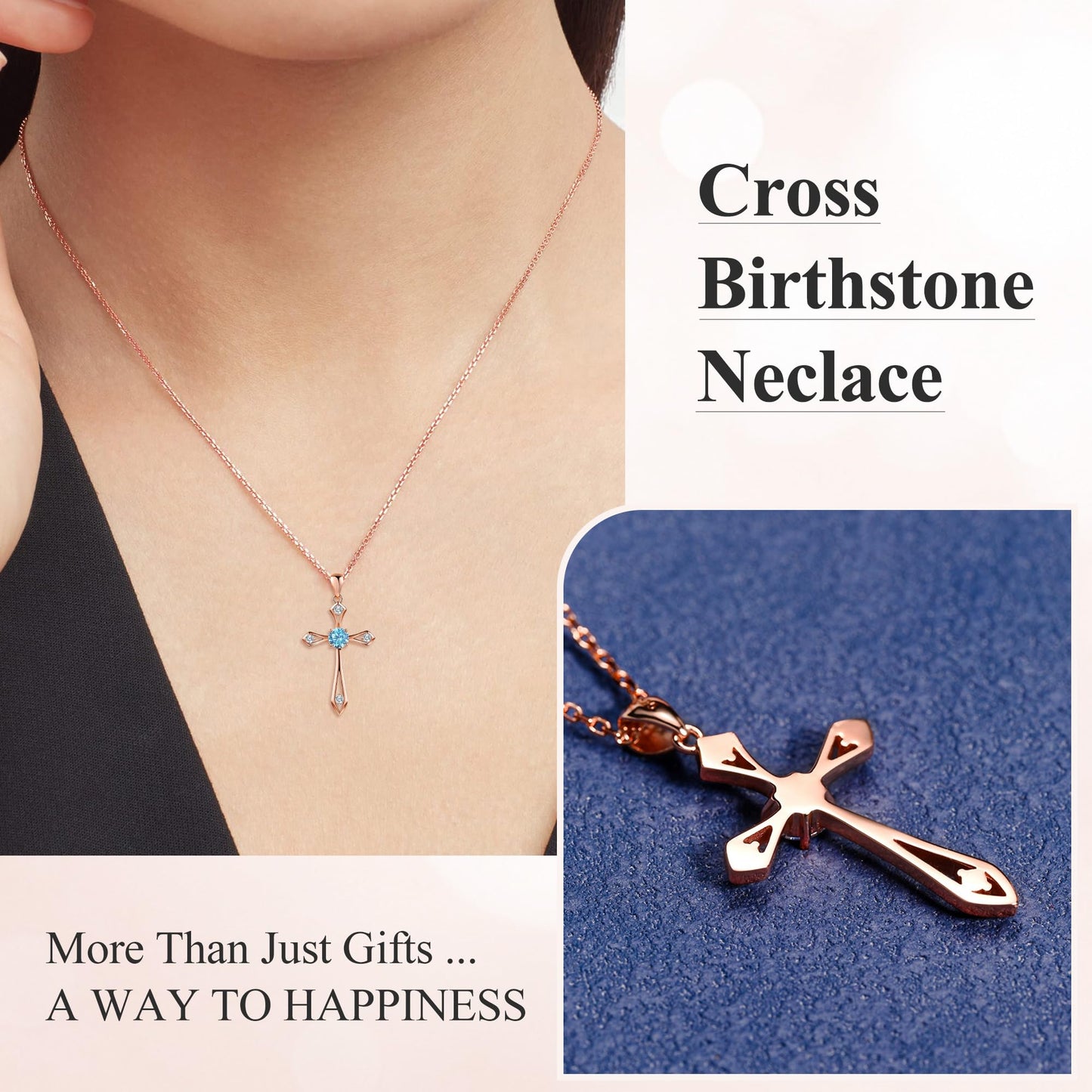 QUALISE Cross Necklace for Women,925 Sterling Silver Birthstone Necklace,Aquamarine-March Birthstone Cross Necklace,Faith Religious Fine Jewelry Valentines Day Gifts Birthday Holiday Gifts for Her