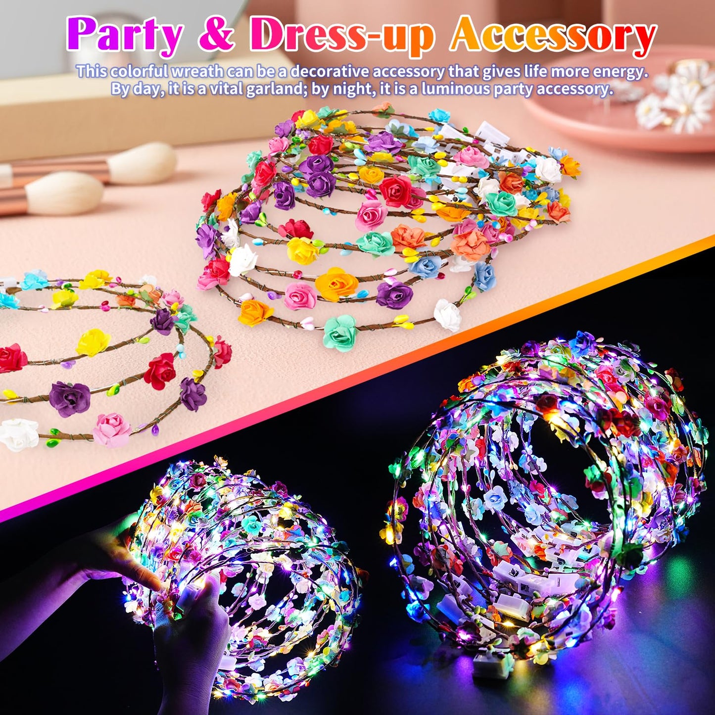 HONLYNE 24 PCS LED Flower Crowns Headbands, Light Up Flower Crowns for Women & Girls, Glow in The Dark Flower Hairbands Wreath for Wedding Beach Party Birthday Cosplay Gifts, Halloween, Christmas