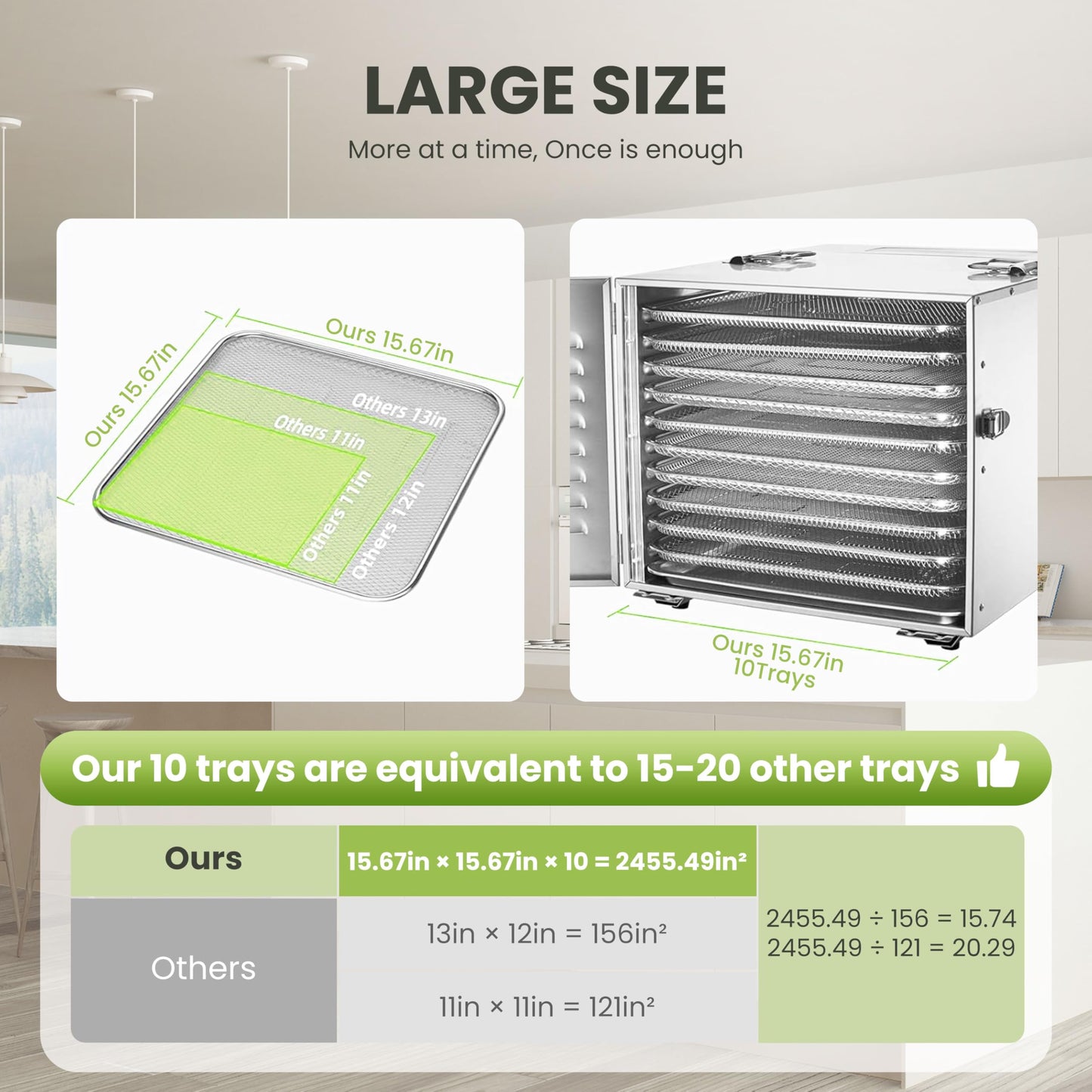 Commercial 10 Trays Food Dehydrator Machine for Jerky and Herbs Usable Area up to 24.65ft² and 194℉ Temperature 1000W Detachable Stainless Steel Dryer for Meat Fruit Mushrooms Beef Food Secret Silver