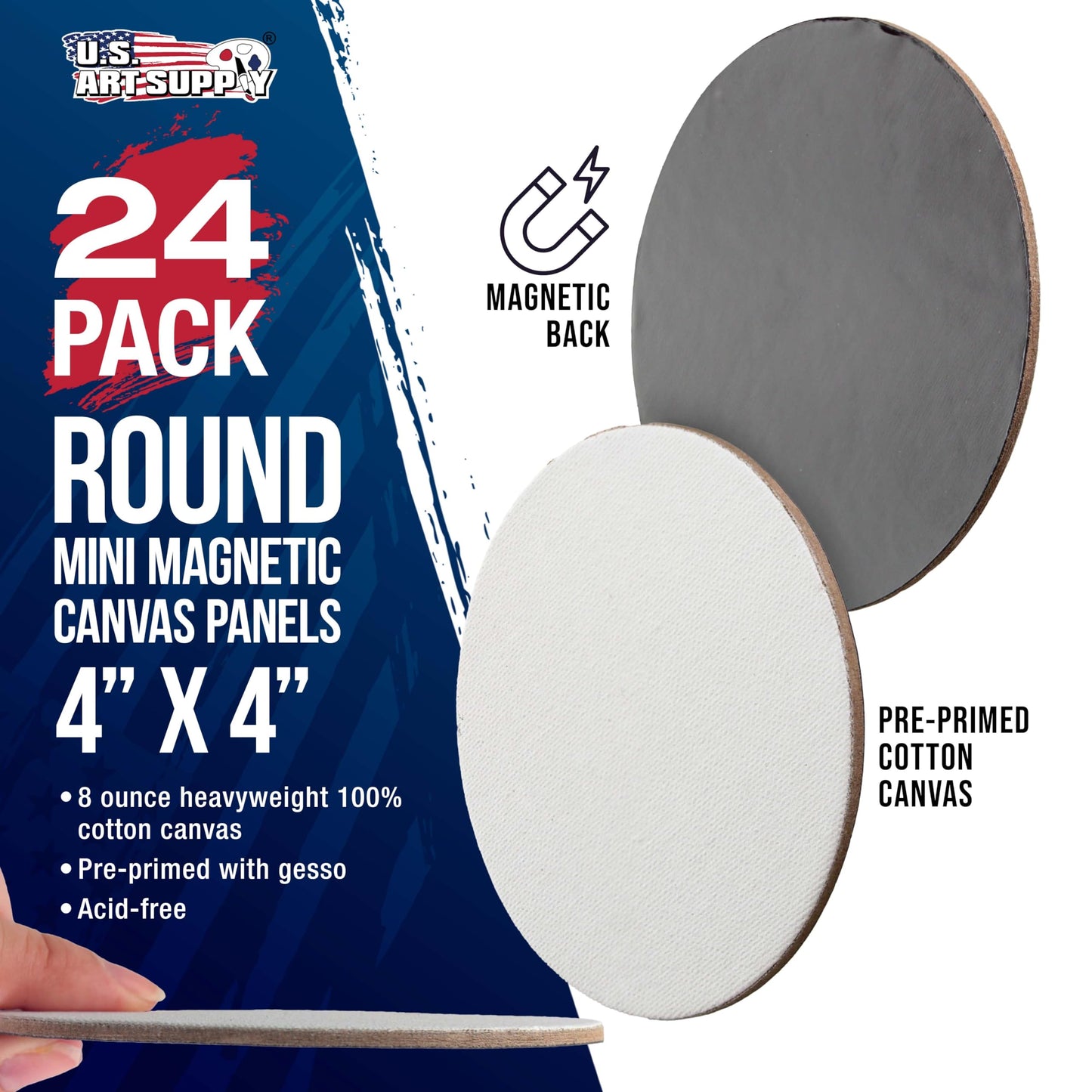 U.S. Art Supply Mini Magnetic Canvas Panels, 24 Pack, 4 Inch Round, Primed 8 Ounce Heavyweight Cotton, Small Canvases for Painting Acrylic and Watercolor, White Square Flat Canvas Boards