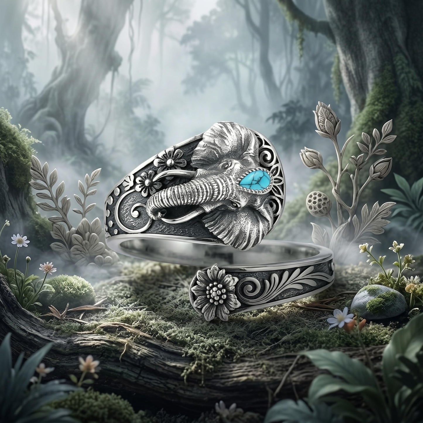 Midari Western Elephant Spoon Rings for Women 925 Sterling Silver Adjustable Elephant Turquoise Rings Boho Style Open Spoon Thumb Rings Elephant Jewelry for Women Men