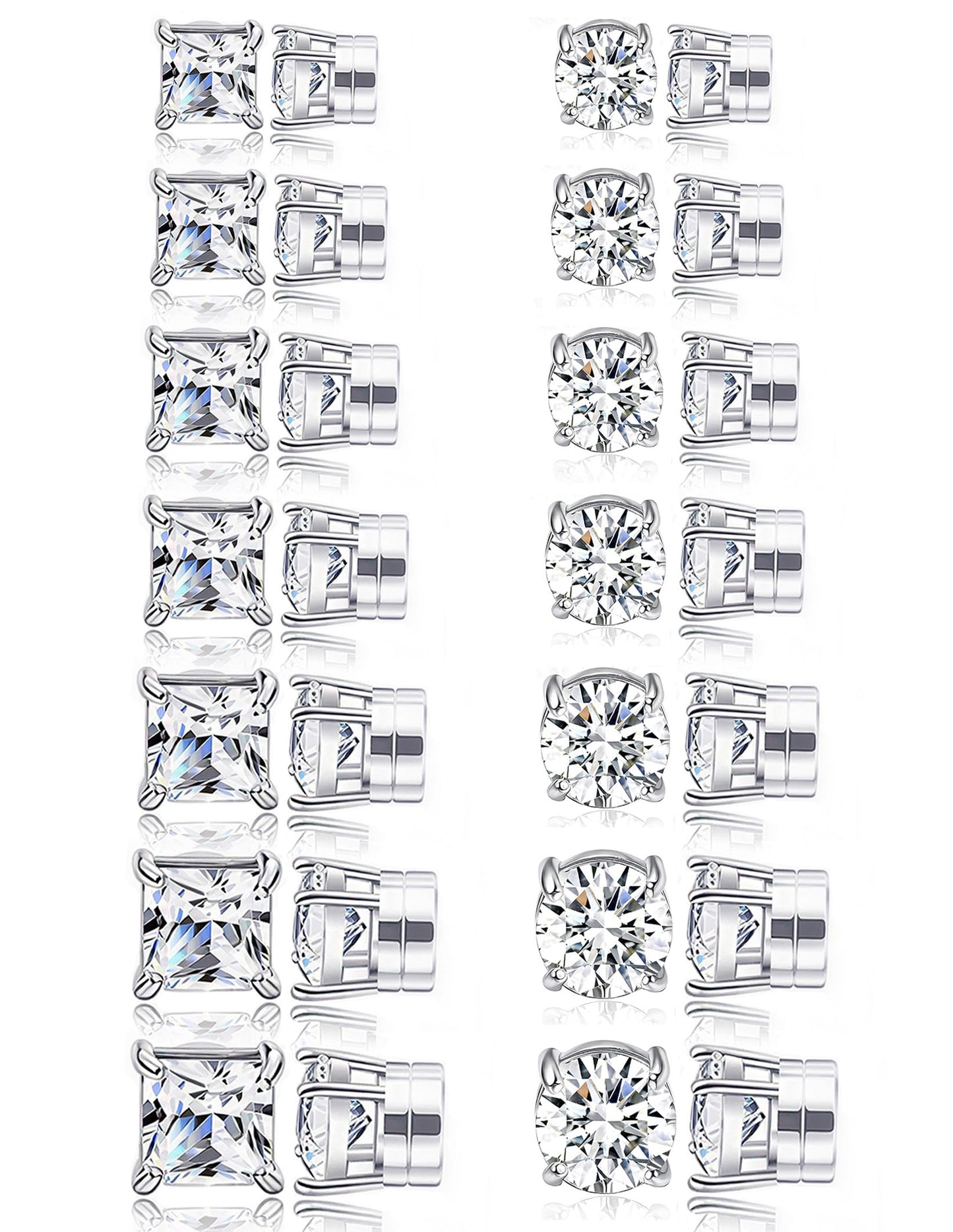 Ofeiyaa 14 Pairs Magnetic Earrings for Men Women Non Piercing Round Square CZ Stud Earrings Stainless Steel Fake Clip on Earring Jewelry Set 4-10MM Silver Color
