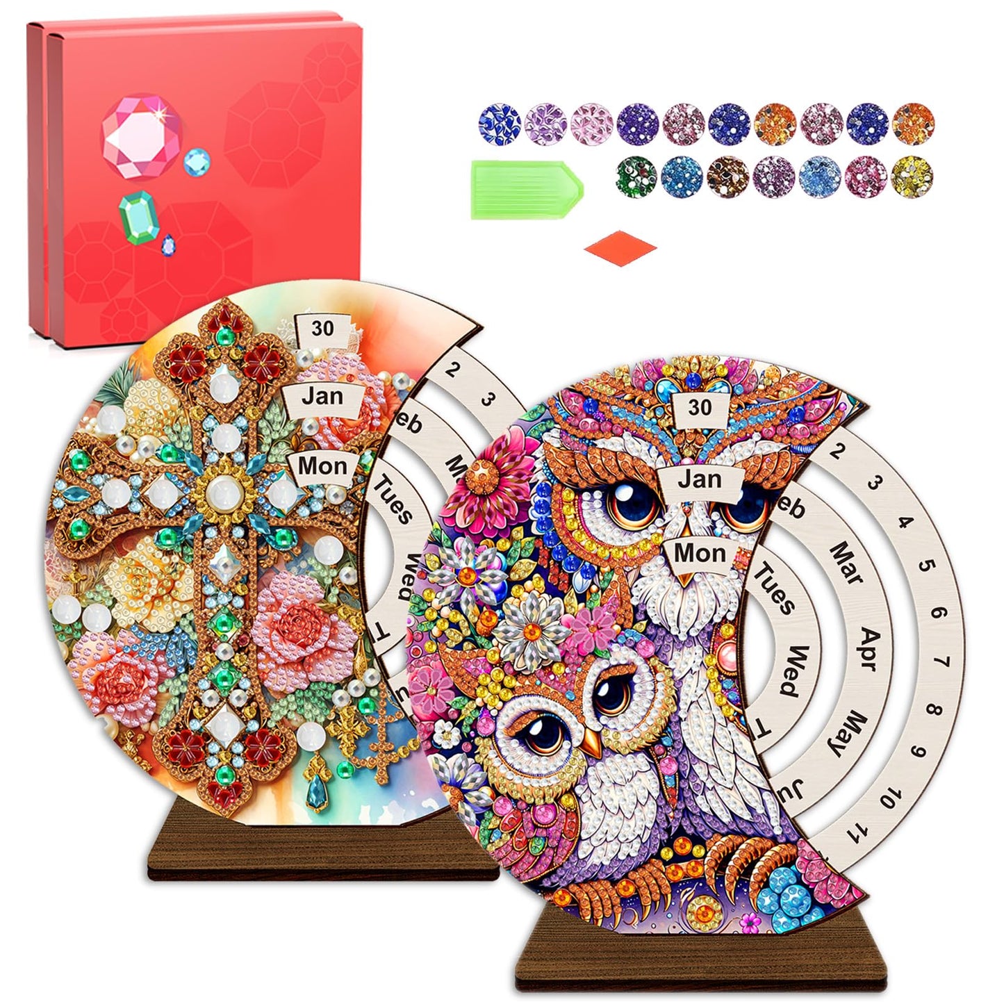 CharySim Diamond Art Calendar Kits for Adults Diamond Gem Art Kit Paint By Dots Kits Rhinestone Craft Kit for Women Birthday Gift DIY Bedazzling Art Desktop Stand (Owl&Cross 2)