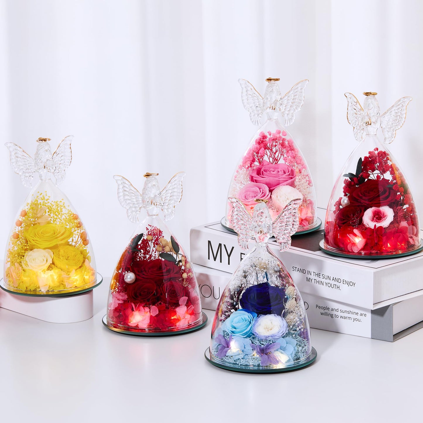 Tiaronics Mothers Day Rose Gifts for Women Preserved Real Flower in Glass Angel Figurines Roses for Delivery Prime Birthday Gifts for Mom Grandma Girlfriend Wife Her, ChampagneGold Austin