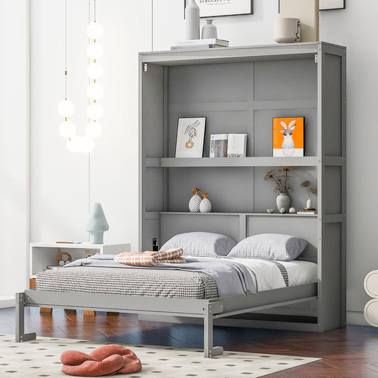 Acosure Full Size Murphy Bed Wall Beds with Storage Shelves,Hide Away Bed Frame Easily Folds into Wood Cabinet,W/Mattress Holder,for Small Space,Guest Room,Apartment,Gray