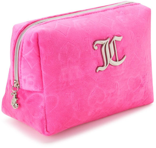 Juicy Couture Hot Pink Makeup Bag Cosmetics Organizer Travel Essentials Zip Top Wedge Velour Heart Crown