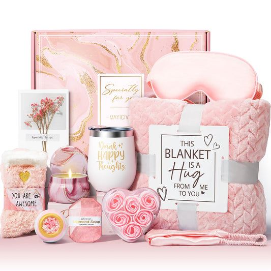 Birthday Gifts for Women Self Care Gifts Get Well Soon Gifts, Rose Relaxing Spa Gifts Basket Care Package w/ Luxury Flannel Blanket, Unique Christmas Gifts for Mom Her Friend Sister Wife Grandma