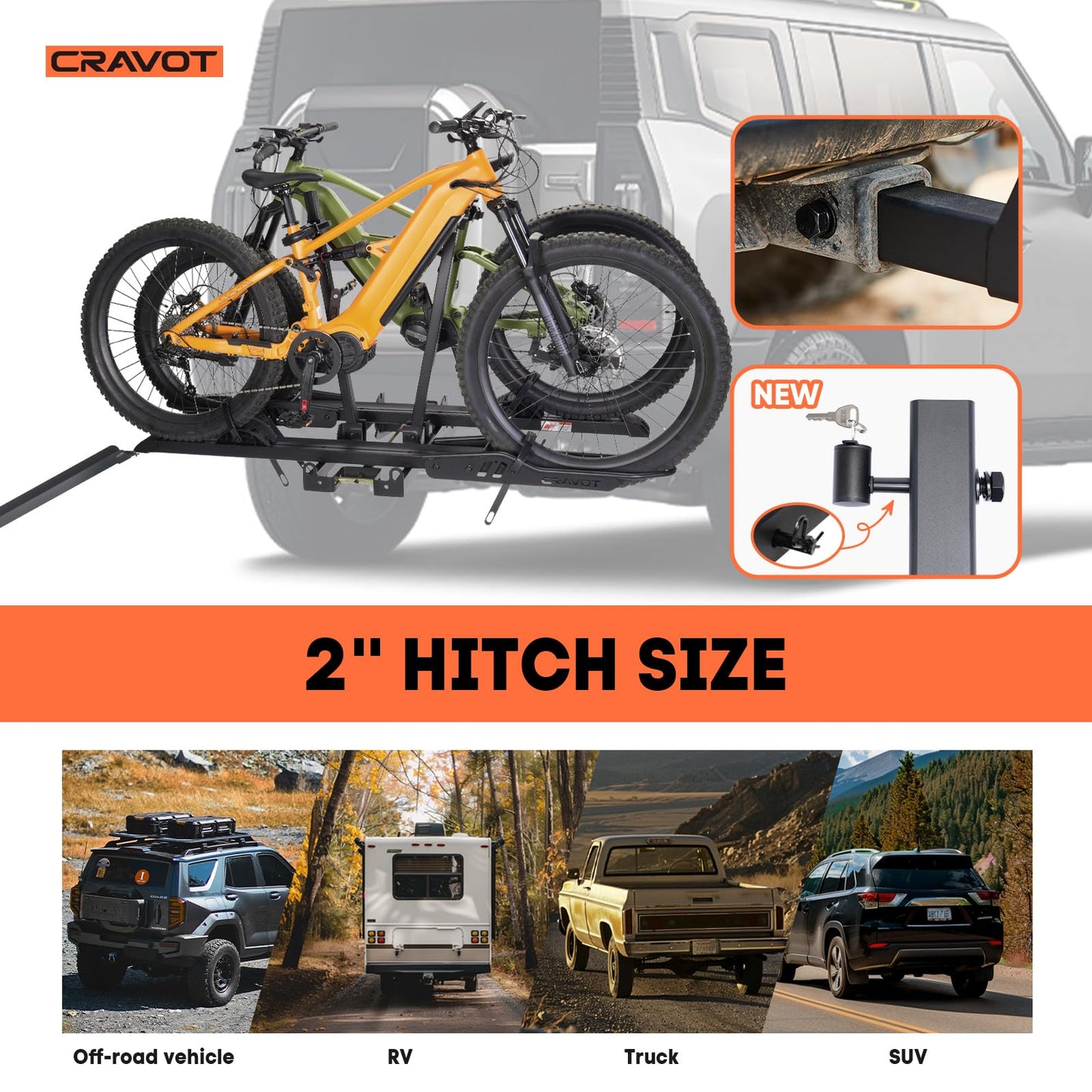 CRAVOT CyberRack S2 Ebike Rack, 300 lbs Capacity Foldable Bike Racks for Tow Hitch Heavy Electric Bike Carrier for 2 E-Bike, Up to 5-inch Fat Tire 2'' Receiver