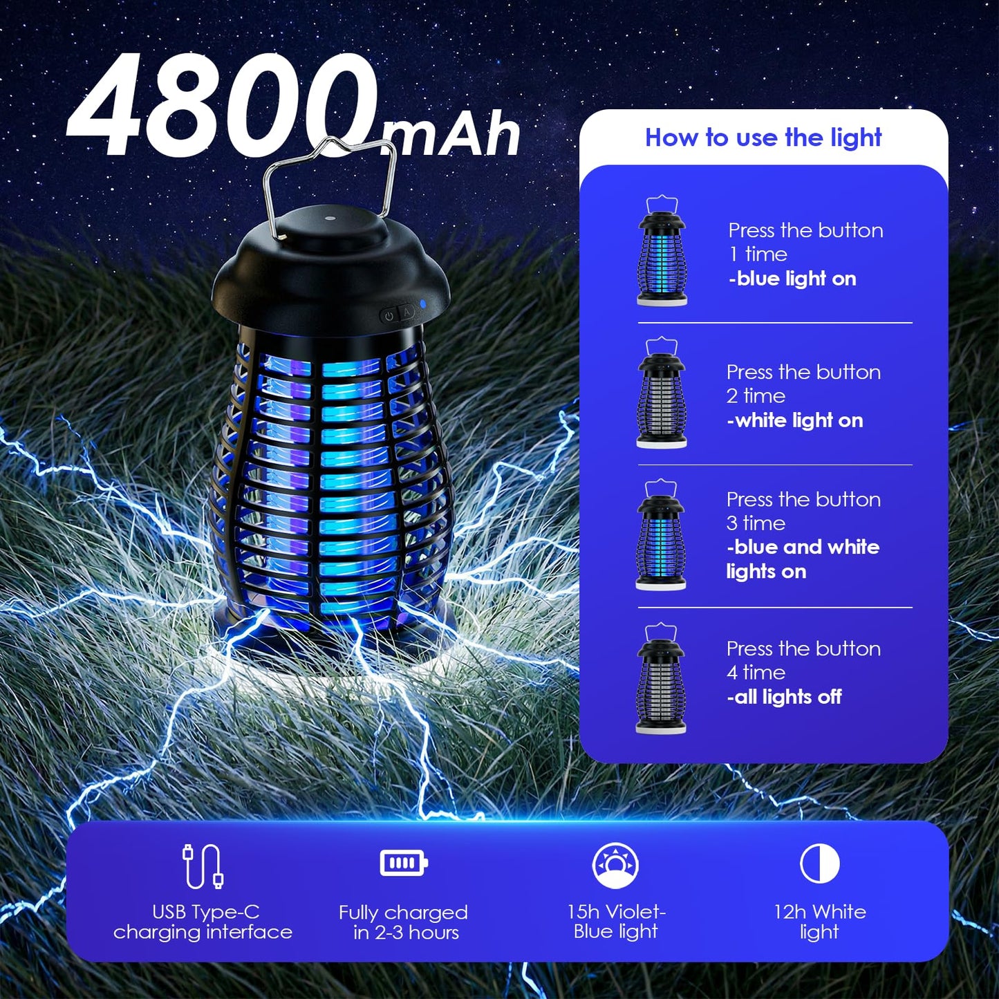 Bug Zapper Outdoor & Indoor,Cordless Portable Mosquito Zapper with Rechargeable 4800mAh Battery & Auto On/Off,Mosquito Repellent Outdoor Patio,Electric Fly Trap for Camping,Kitchen,Backyard,Patio