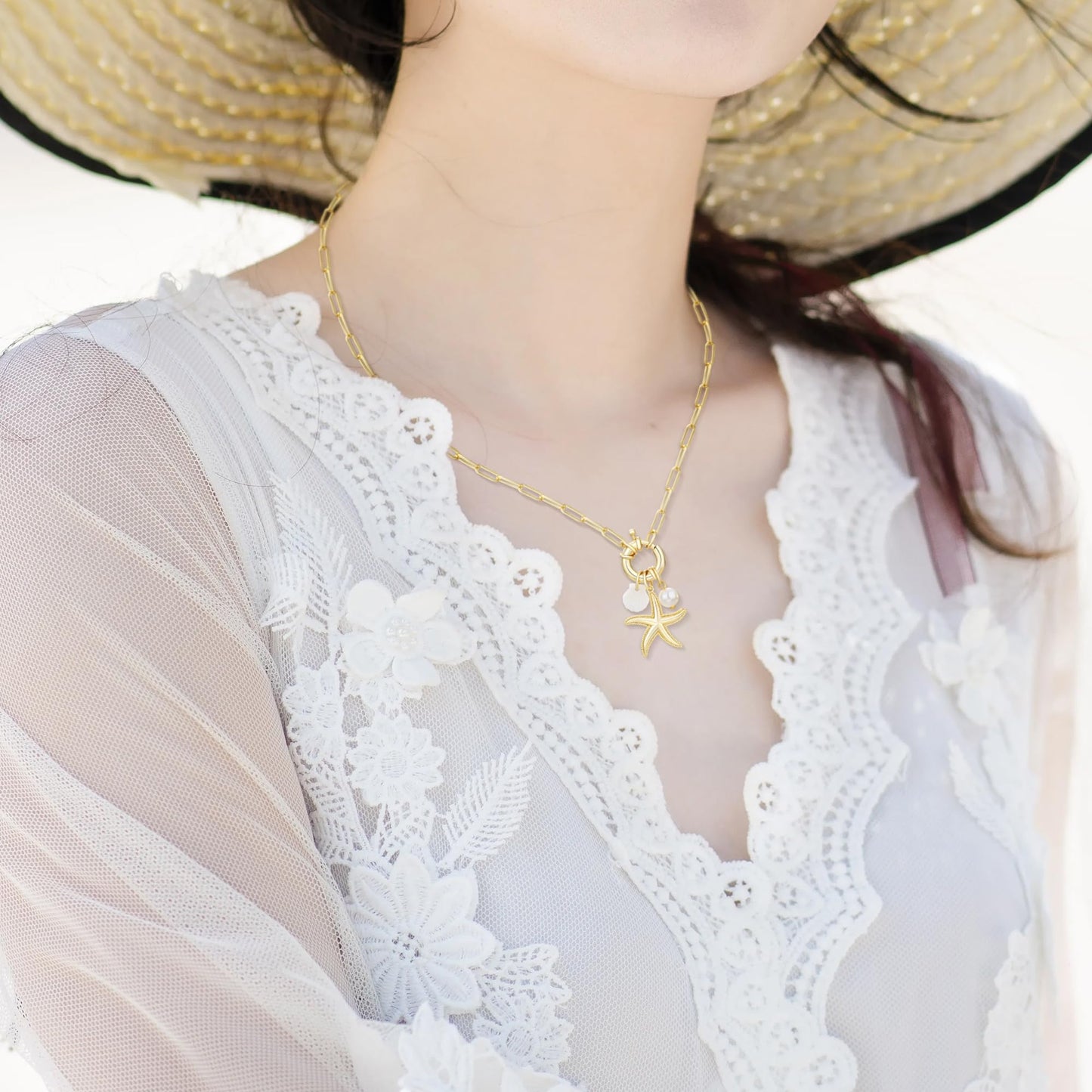 MISS RIGHT Gold Necklace for Women, Dainty 18k Gold Plated Starfish SeaShell Pearl Cute Boho Pendant DIY Charm Necklace,Non Tarnish Adjustable Chunky Paperclip Chain Jewelry for Summer Beach Vacation