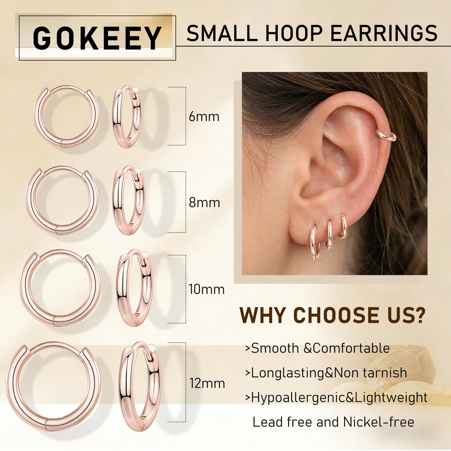Gokeey Small Rose Gold Earrings Set for Women 14K Gold Plated Hypoallergenic Lightweight Huggie Hoop Earrings for Sensitive Ears Everyday Earrings for Cartilage Piercings (6mm/8mm/10mm/12mm, Rose Gold)