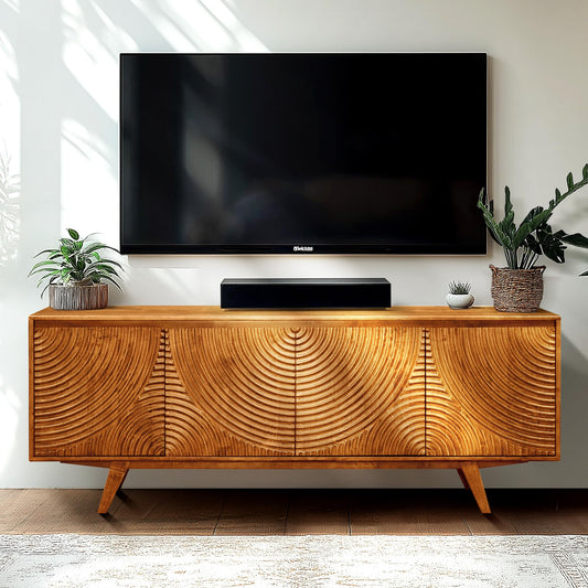 Acacia Harmony TV Stand for TVs up to 75+ Inch Entertainment Center with Storage Shelves and Cable Management, Media Console Table Wood for Living Room Bedroom, Caramel