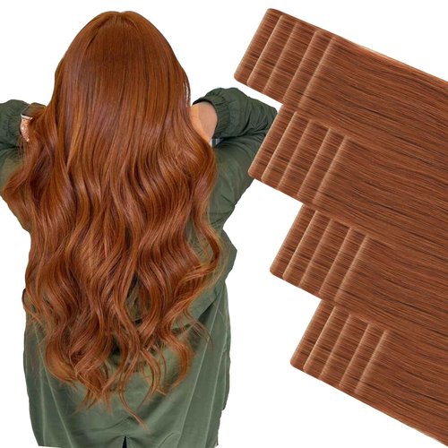 ABH AMAZINGBEAUTY HAIR Invisi Edge Tape in Hair Extensions Real Human Hair, Seamless Injected Hand-Tied Virgin Human Hair Pro Quality Tape ins 20PCS 50G/Pack, Auburn Color #30 18 Inch