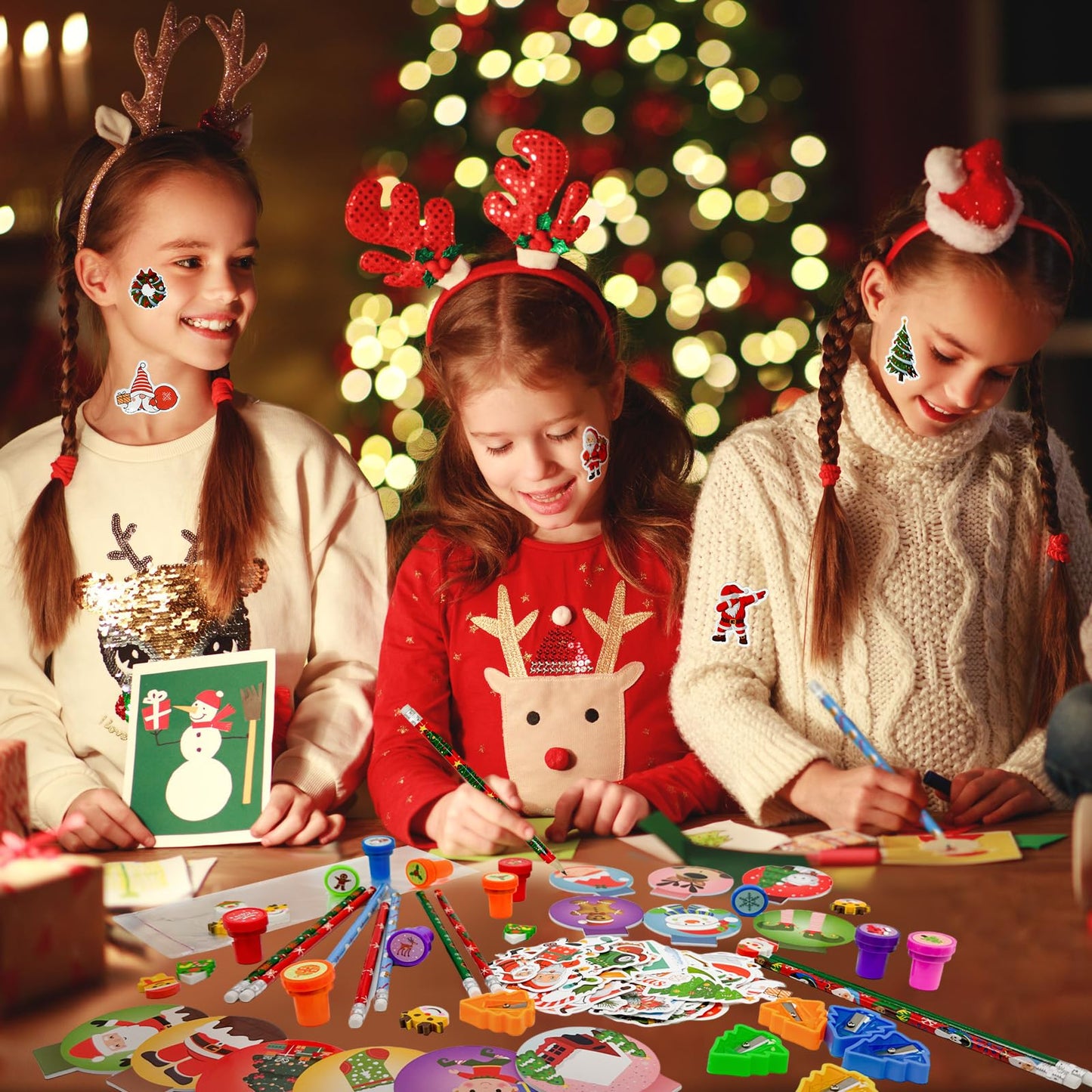 194 Pcs Christmas School Stationery Set Xmas Classrooms Exchange Stationery Party Favors Class Reward Prizes Notebooks Pencils Sharpener Erasers Stickers Stamps for Party Supplies (Snowball)