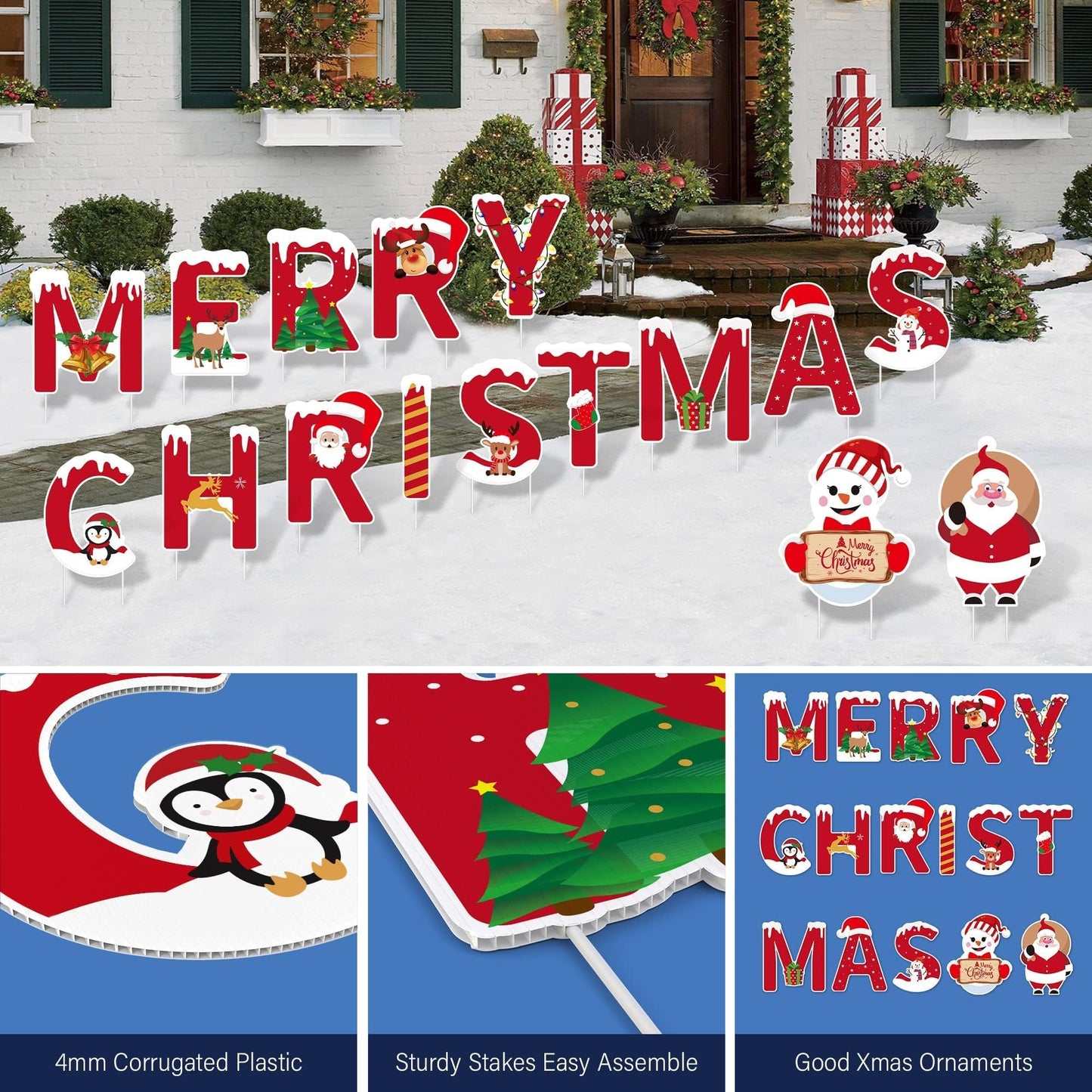 16 Pcs Merry Christmas Yard Signs Stakes Decoration Novel All Weatherproof Outdoor Christmas Lawn Garden Signs Decorations 32PCS Stakes Thickened Corrugated Yard Signs Easy Install
