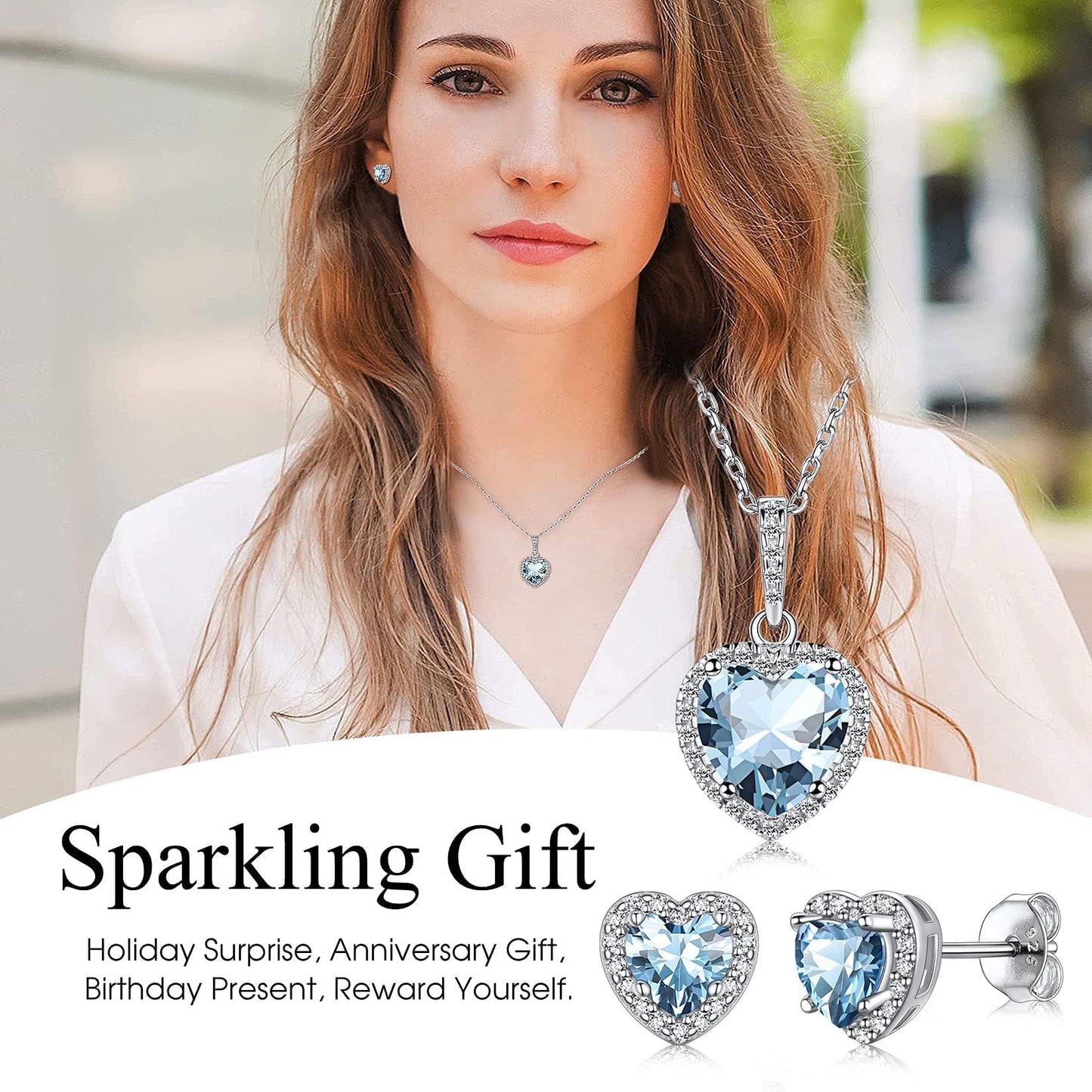 Bestyle 925 Sterling Silver Love Heart Cubic Zirconia Earrings March Aquamarine Birthstone Stud Earrings for Women, Hypoallergenic Earrings for Sensitive Ears