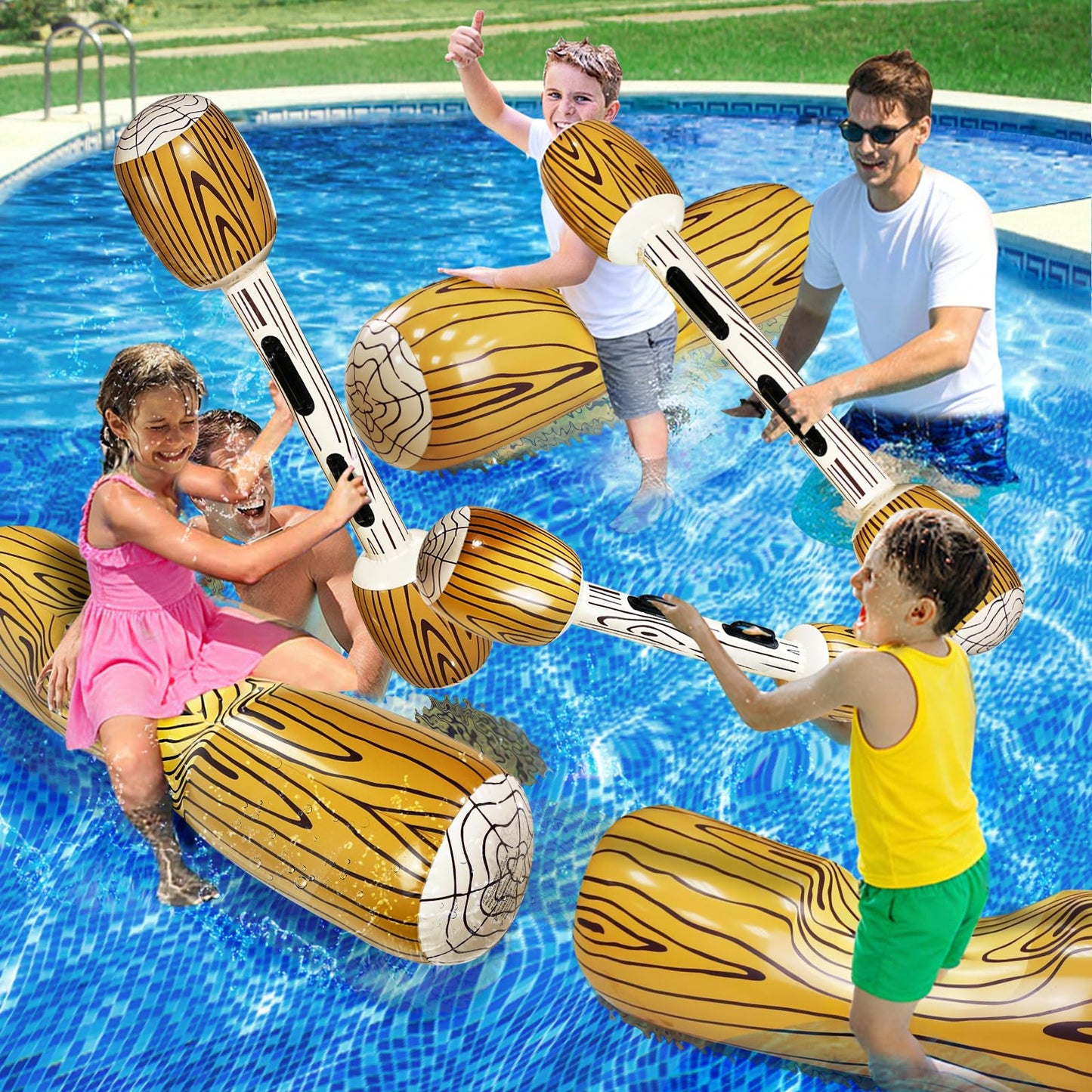 6 Pcs Jumbo Inflatable Battle Log Rafts Pool Toys for 3 Players Pool Games for Kids Adults,Inflatable Floating Row Pool Floats for Kids Ages 6-8,8-12,Adult and Family Summer Swimming Pool Party Beach