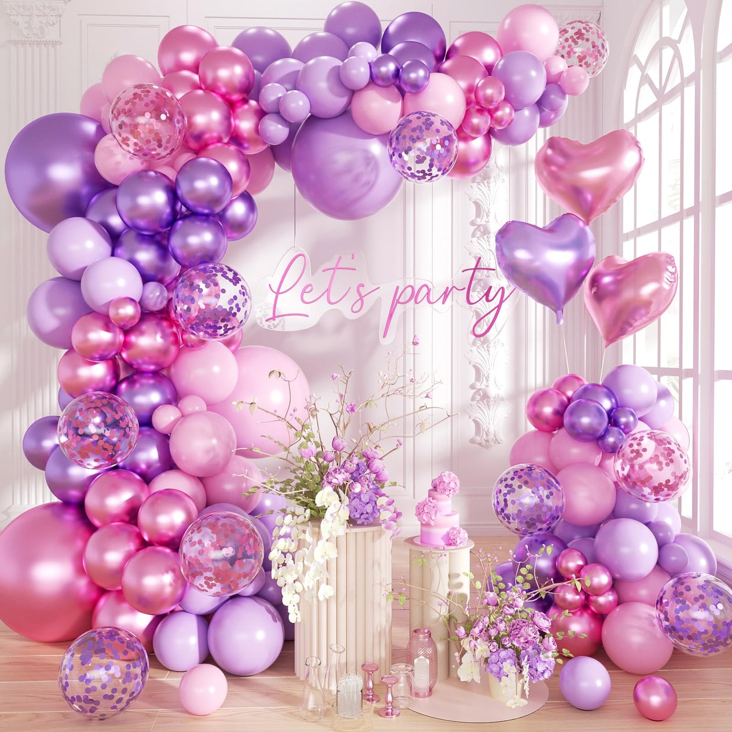 Pink Purple Balloon Garland Arch Kit,160Pcs Metallic Purple Magenta Balloons Pink and Purple Confetti Balloons with Heart Foil Balloon for Girl Birthday Bridal Baby Shower Party Decoration