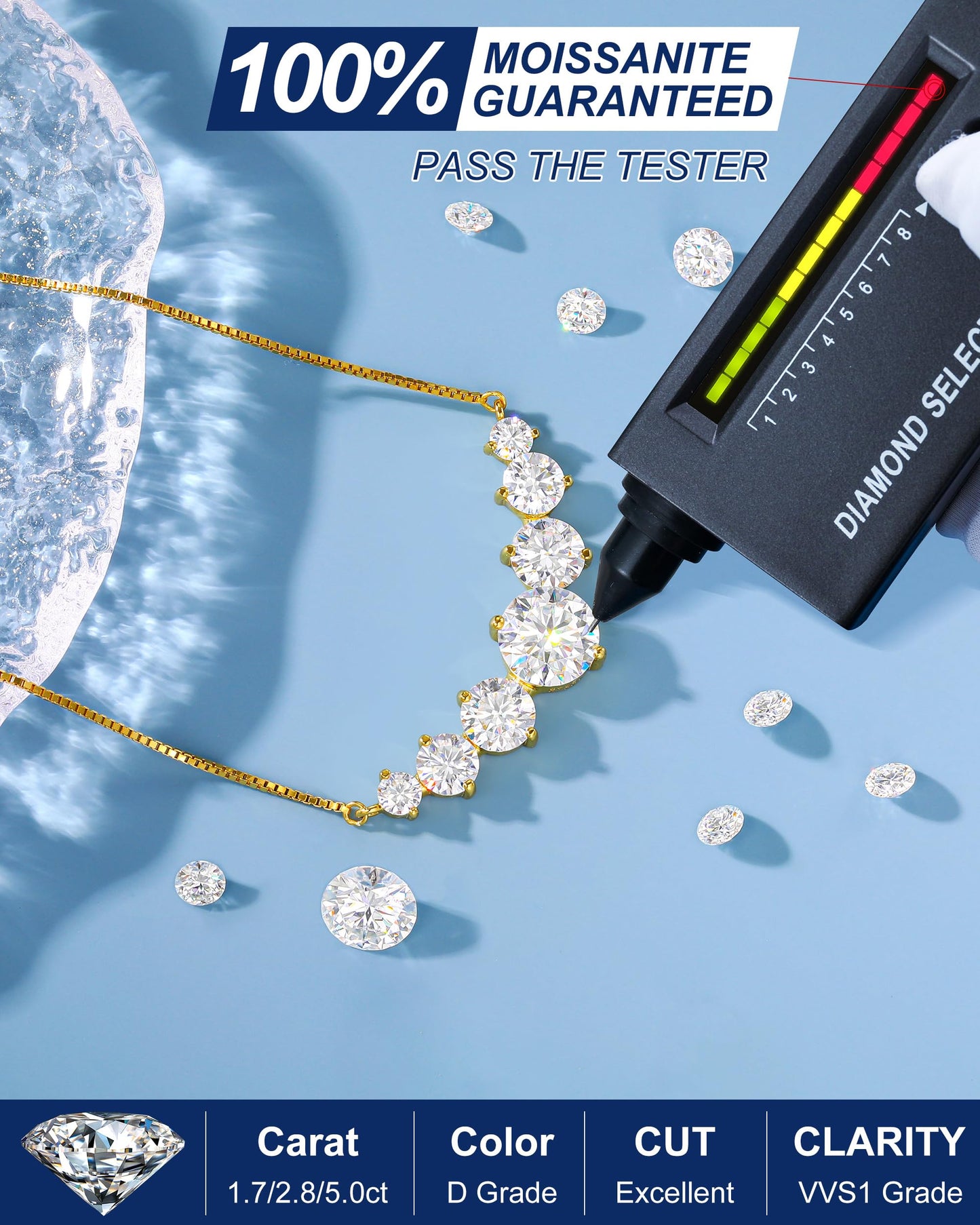 7 Stones Moissanite Pendant for Women, 2.8 Carat Moissanite Necklace 18k Yellow Gold Plated Sterling Silver Smile Pendant Necklaces 16.5+2.5inch Adjustable Box Chain Fashion Jewelry Gifts for Mom Wife
