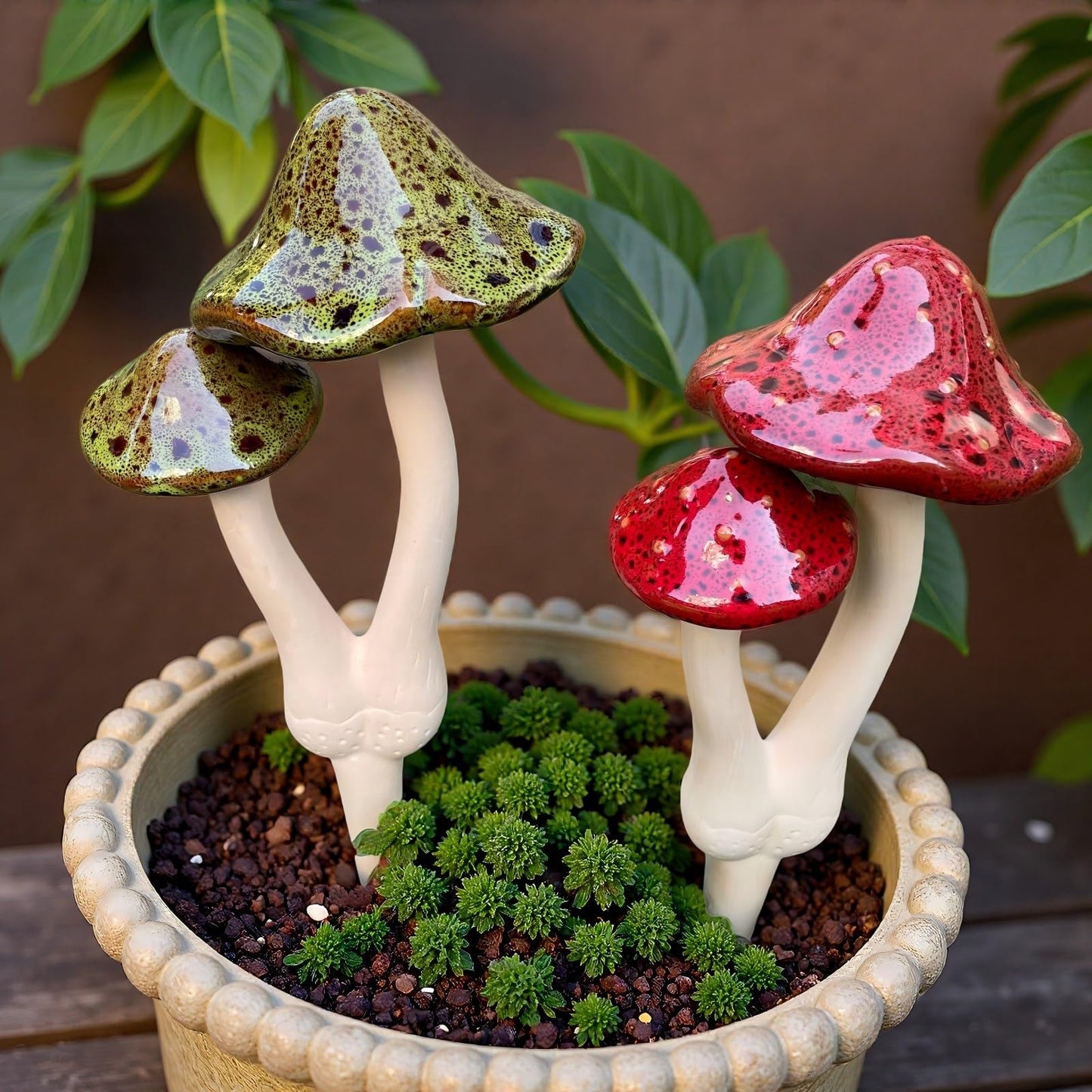 YCCKPPXTT 2pcs Ceramic Mushroom Garden Stake, Fairy Garden Figurines Decoration,Yard Outdoor Mushroom Decor, 11.8" in Height