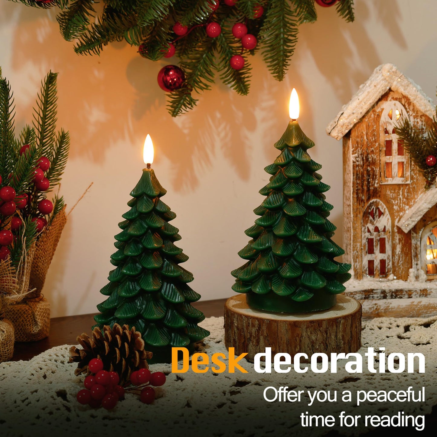 JOIONE Christmas Tree Flameless Candles with Remote Timer, Battery Operated Flickering Candles, LED Real Wax Candles for New Year Celebration, Christmas Decor, Set of 2, Green (3.15" X 7.48"")"