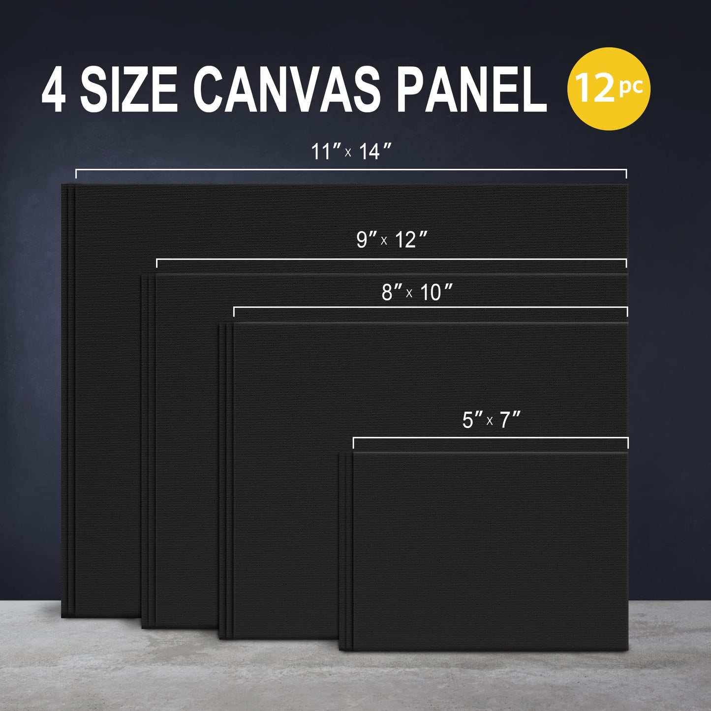 PHOENIX Black Canvas Boards for Painting - 12 Pack, 5x7,8x10,9x12,11x14 Inch - 8 Oz Primed Cotton Acid Free Canvas Panels Multipack for Acrylic, Oil, Tempera, Metallic, Neon Paints & Crafts