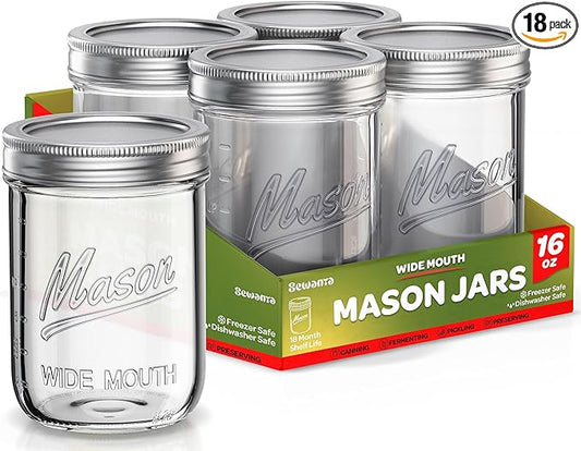 SEWANTA Wide Mouth Mason Jars 16 oz [18 Pack] With Mason Jar Lids and Bands, Mason Jars 16 oz - For Canning, Fermenting, Pickling - Jar DÃ©cor - Microwave/Dishwasher Safe.