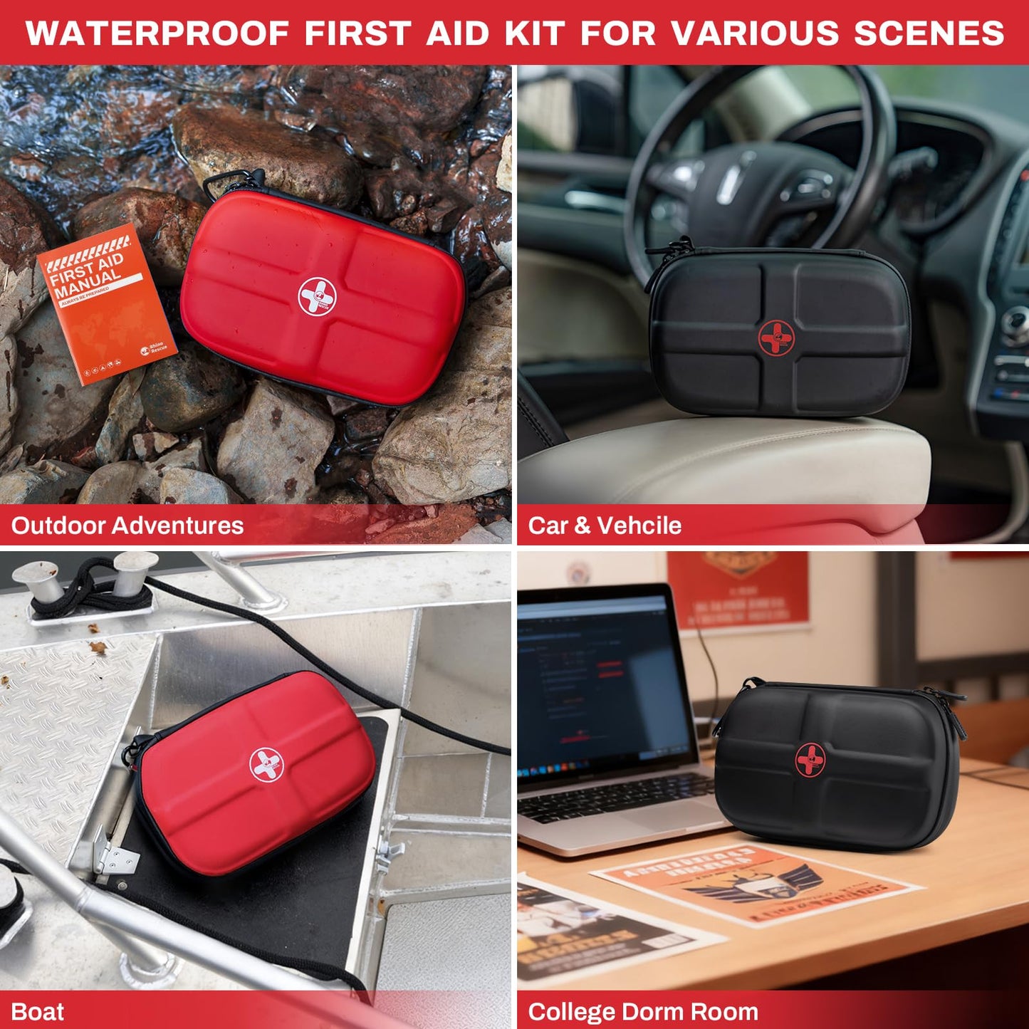 RHINO RESCUE EVA First Aid Kit, Small Waterproof Emergency Hiking First Aid Kit for Backpacking, Medical Kit for Travel, Home, Car, College Dorm Room, Camping, Boat, Back to School (Red)