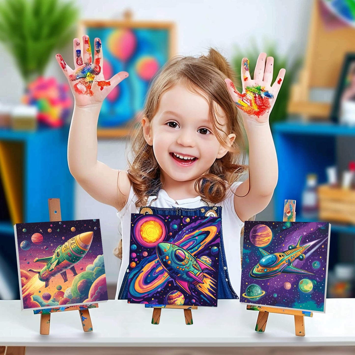 4 Pack Paint by Numbers Kit for Kids, Outer Space Color by Number Painting Kits for Kids Ages 8-12 Astronaut Paint by Numbers with Framed Canvas Children DIY Paints by Number Kits for Beginners 8x8 In
