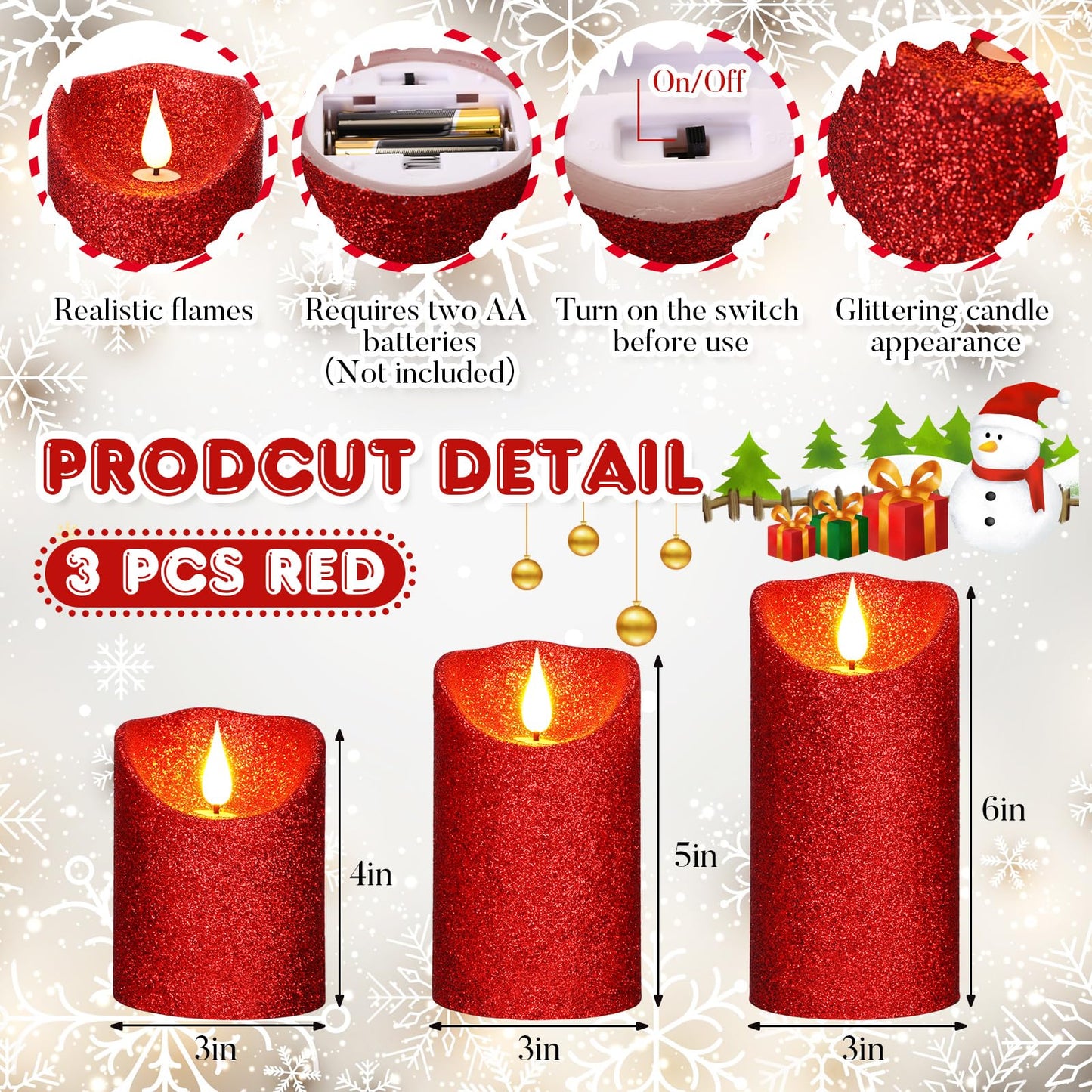 Retisee Set of 3 Valentines Glitter Flameless Candles, 4" 5"" 6"" Burgundy Red Operated Battery Pillar Candles Flickering Real Wax LED Candle with Remote and Timer for Valentines Home Table Centerpiece"