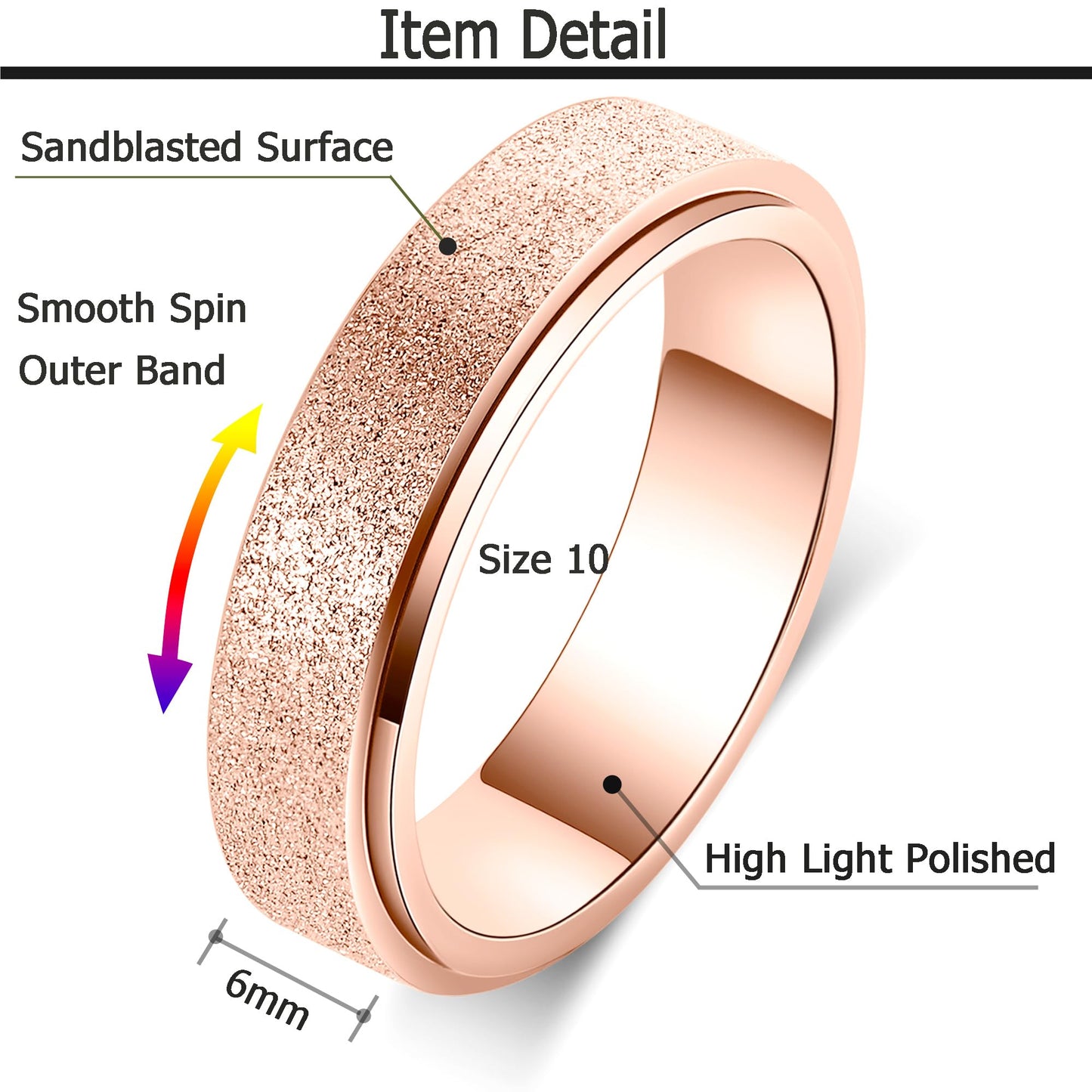 OreilleStar Anxiety Ring for Women Fidget Spinner Ring Fidget Toys Adults Titanium Stainless Steel Thumb Ring Rose Gold Size 9 6mm Wide