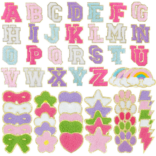 86 Pcs Chenille Letter Patches Self Adhesive Iron On Patches for Clothes,Include 52 A-Z Varsity Alphabet,34 Cute Pattern Chenille Patches for DIY Clothing,Bags,Hats,Embroidered Repair