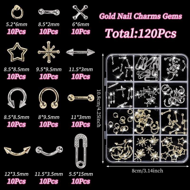 120 Silver Star Nail Charms - Gold Rivets Cross Nail Charms - 3D Crystal Nail Art, Y2k Retro Nail Rrt Cross Charm for DIY Designs Supplies B