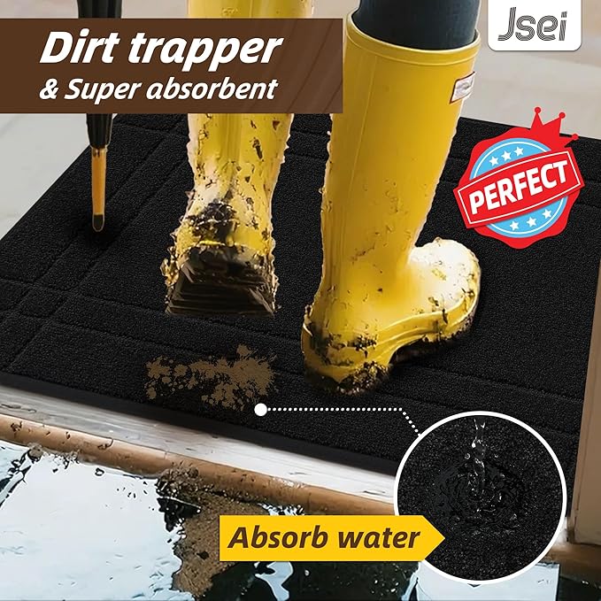 JSEI Entryway Rugs Doormat 36"x60", Non-Slip Dirt Trapper Door Mats Indoor, Washable Absorbent and Stain Resist Welcome Floor Mat for Front Door, Dog Door Mat, Dirty Wet Shoes & Paws, Black