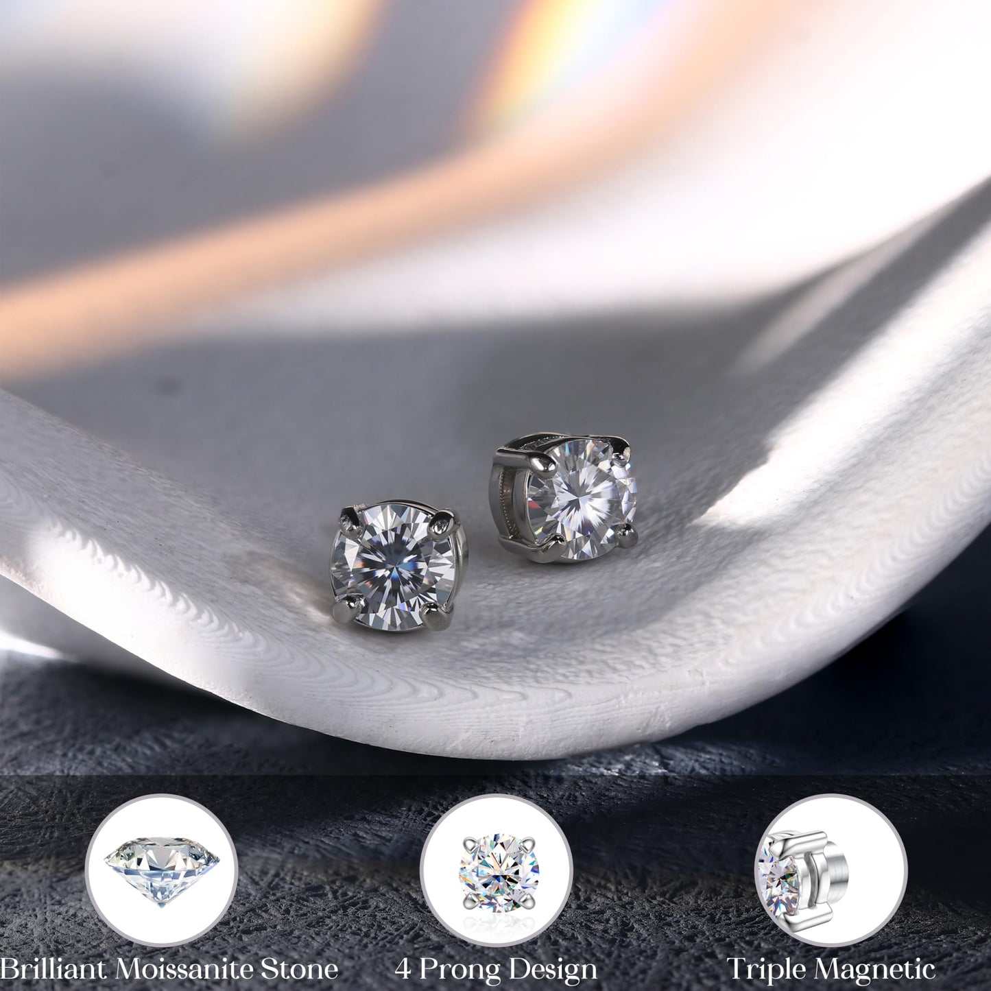 GEMQUEEN Moissanite Magnetic Earrings for Men Women : 18K White Gold Plated Hypoallergenic Stainless Steel Non Piercing Clip on Fake Earrings Studs Dainty 4 Prong Moissanite Earring D Color VVS1 5MM