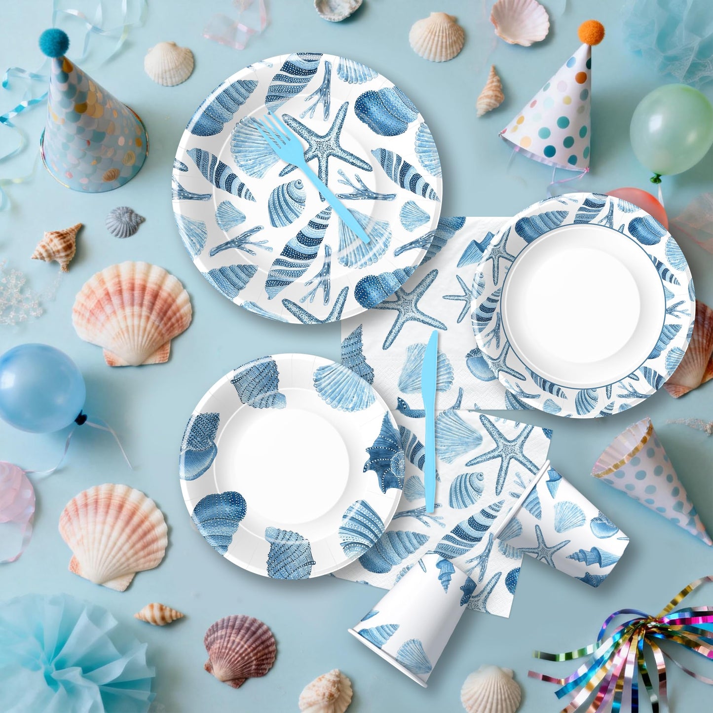FVABO Ocean Seashell Birthday Decorations, Blue Sea Shell Party Supplies for Beach Summer Pretty Birthday Baby Shower, Plate, Cup, Napkin, Tablecloth, Banner, Balloon, Swirl, Topper, Cutlery, Serve 24