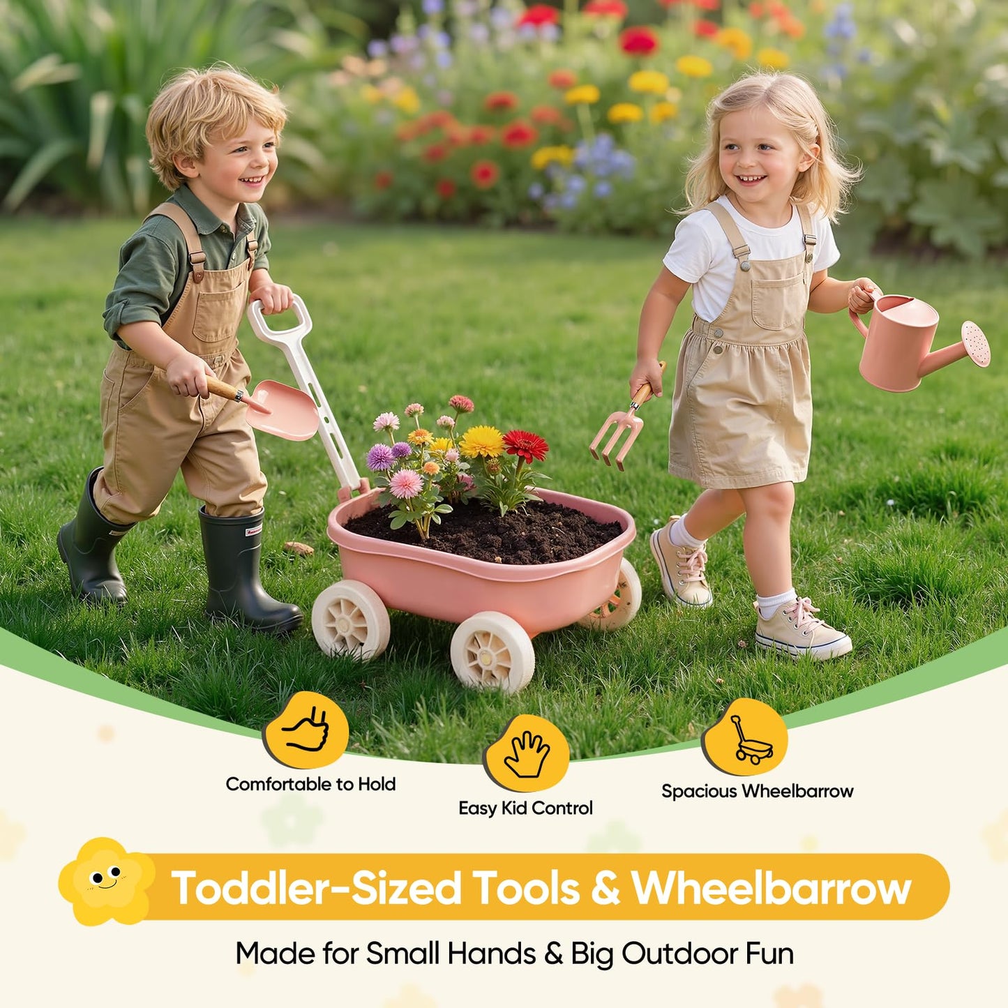 Grenebo Kids Gardening Set with Wheelbarrow, 11-Piece Outdoor Yard, Beach, STEM Garden Play Kit with Child-Sized Tools, Durable, Safe & Fun Gift Toy for Ages 2+ Kids Toddlers Boys Girls (Pink)