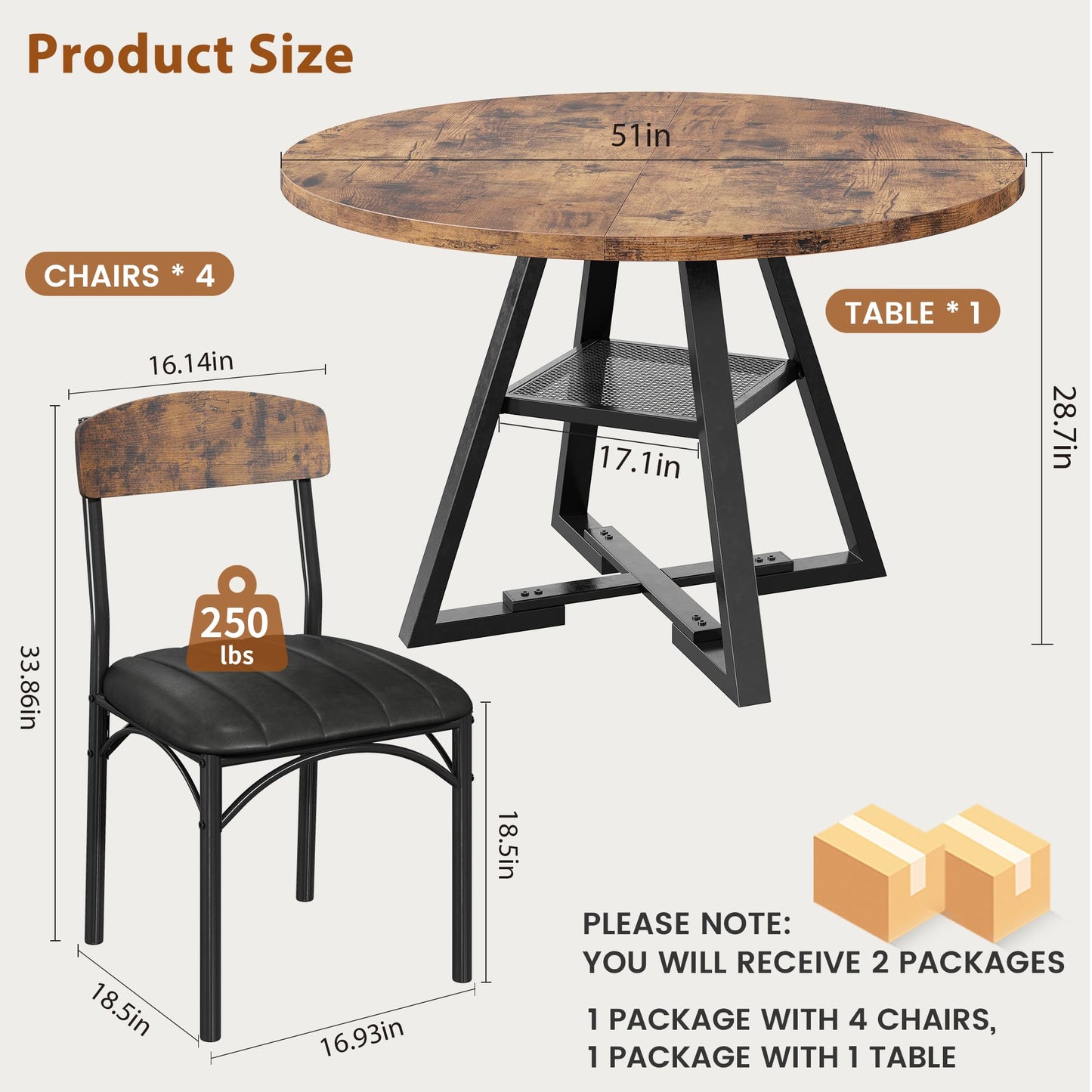 Dining Table Set for 4,Kitchen Table and Chairs for 4, Round Dining Room Table with Upholstered Chairs, 5 Piece Space Saving Circle Wood Kitchen & Dining Room Dinner Dinette Table Set (Vintage, 51In)