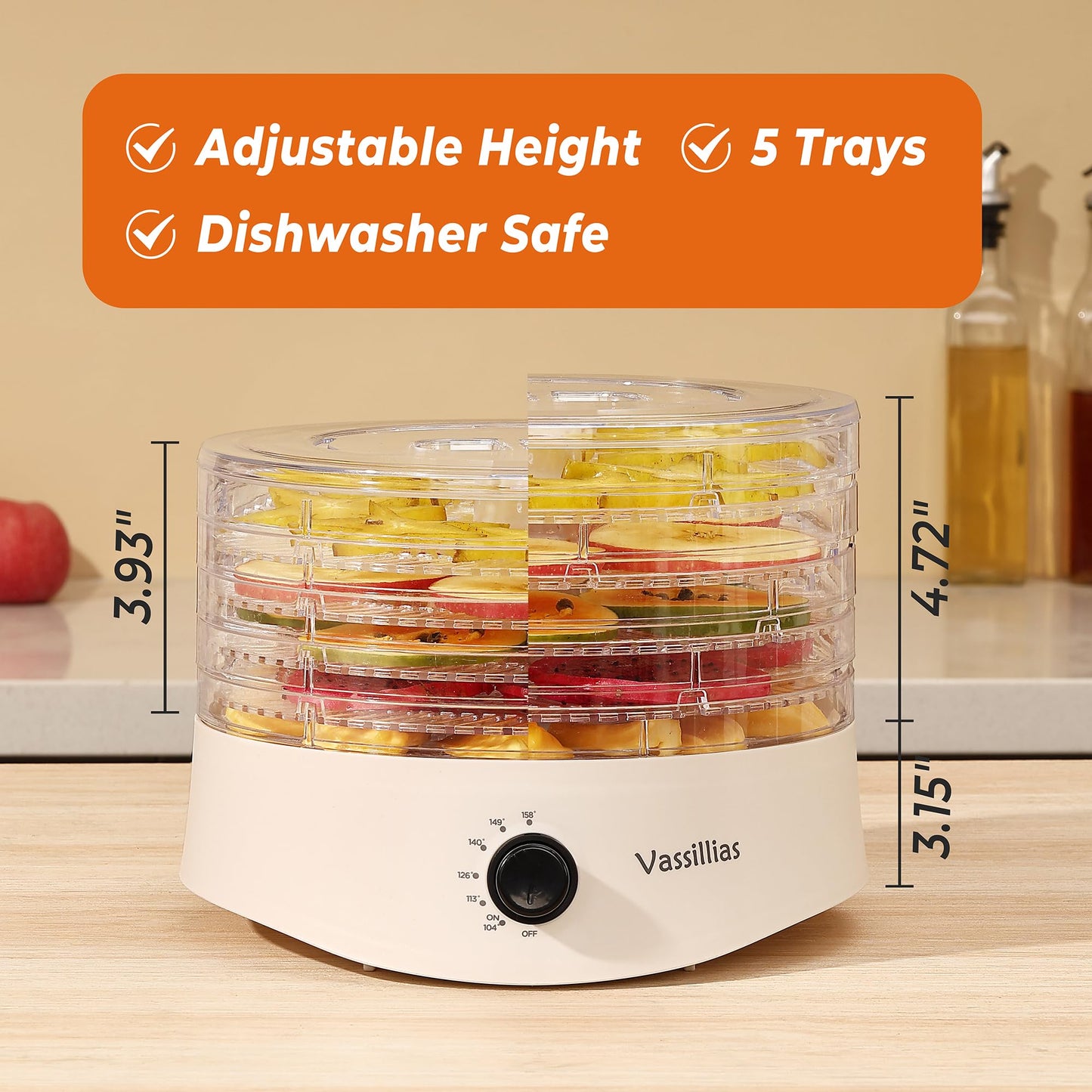 Small Food Dehydrator Dryer - Dehydrator for Healthy Food, Meat, Jerky, Fruit, Vegetable, Mushroom and Herb, 280W, 158°F, Mini Dryer with 5 BPA-Free Drying Racks and Slide Out Tray, White, Model 704M