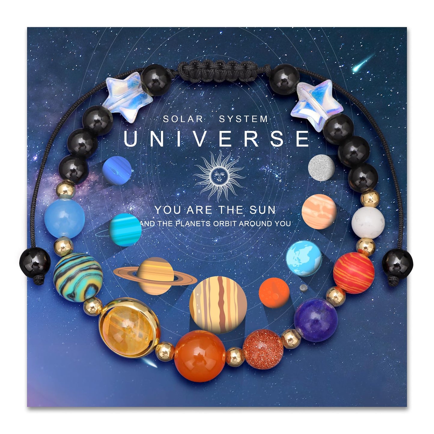 Risyfjew Solar System Eight Planets Guardian Star Bracelet Cosmic Jewelry with Natural Chakra Stones Adjustable Stretch Crystal Bracelet for Men Women Gift for Space Lovers