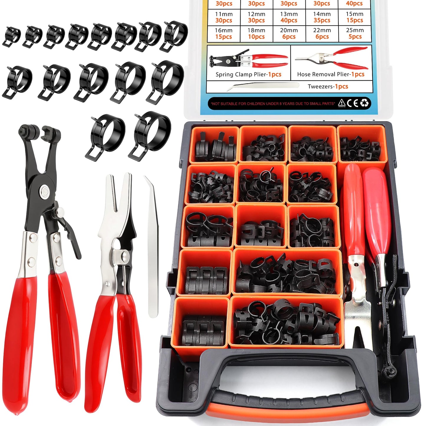 352Pcs 6-25mm Spring Band Hose Clamps Kit with 3 Essential Tools,Constant Tension Steel Clamps for Fuel Lines,Automotive,Silicone Tubes,Radiator Hoses