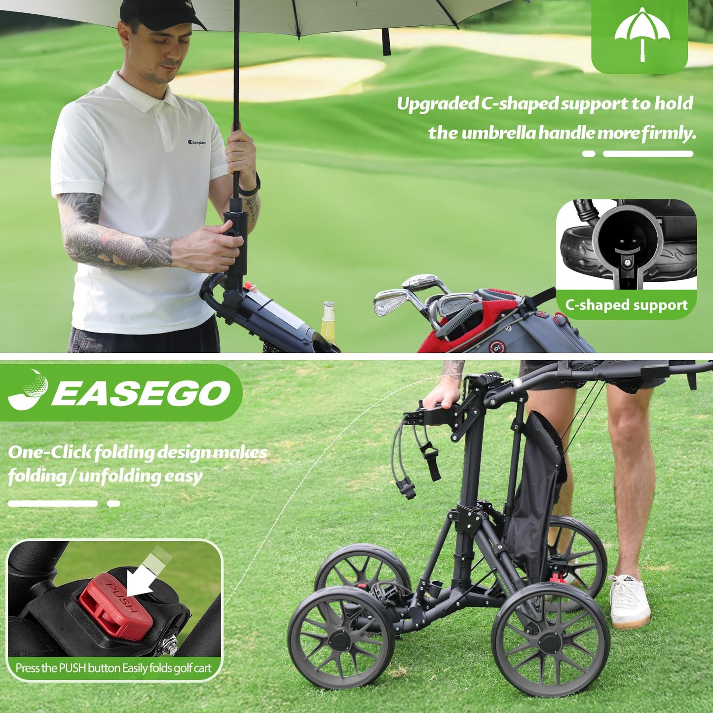 EASEGO Golf Push Cart 4 Wheel : Golf Walking Carts with Phone Holder/Cup Holder/Umbrella Holder/Foot Brake/Cooler Basket 4 Wheel Superlite Golf Pull Cart All-Terrain Golf Caddy Carts(Lime Green)