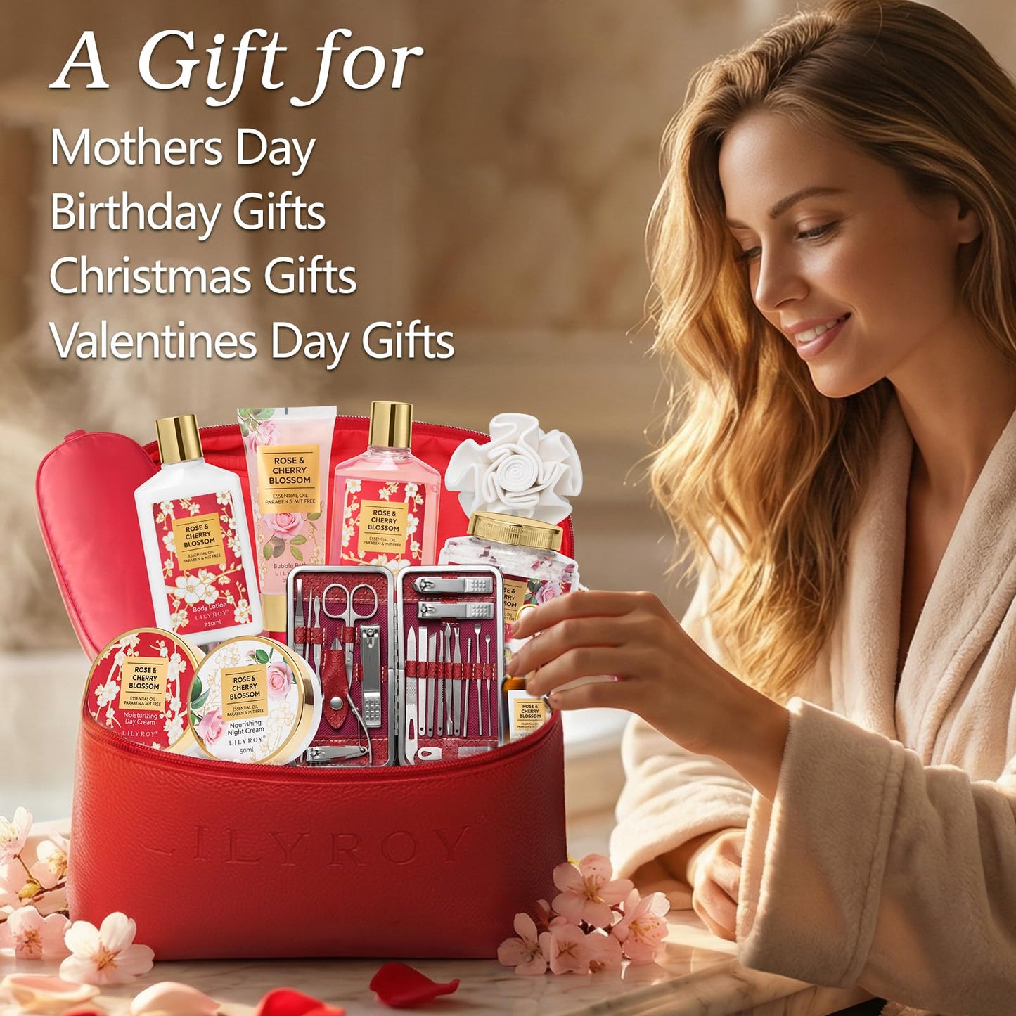 Gifts for Women, Spa Gift Set for Women - Rose Bath and Body Gift Set Beauty Skin Care Spa Kit with Shower Gel | Bath Kit, Valentines Day, Birthday, Christmas, Mothers Day Gift for Mom