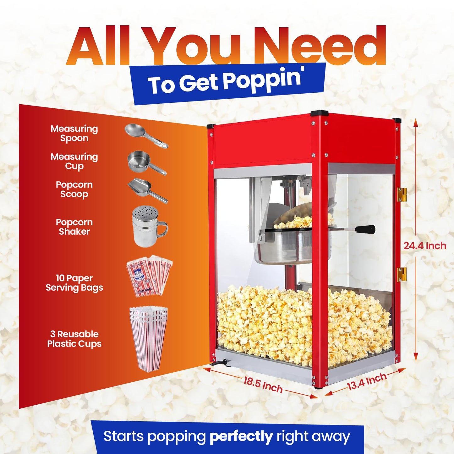 Popcorn Machine - Electric Popcorn Popper | Stainless Steel Kettle With Scoops, Bags, Cups & Shaker | Countertop Machine, Theater Style | Ready in 5 Minutes | 1500 W | Red, 8 oz (64 Cup Capacity)