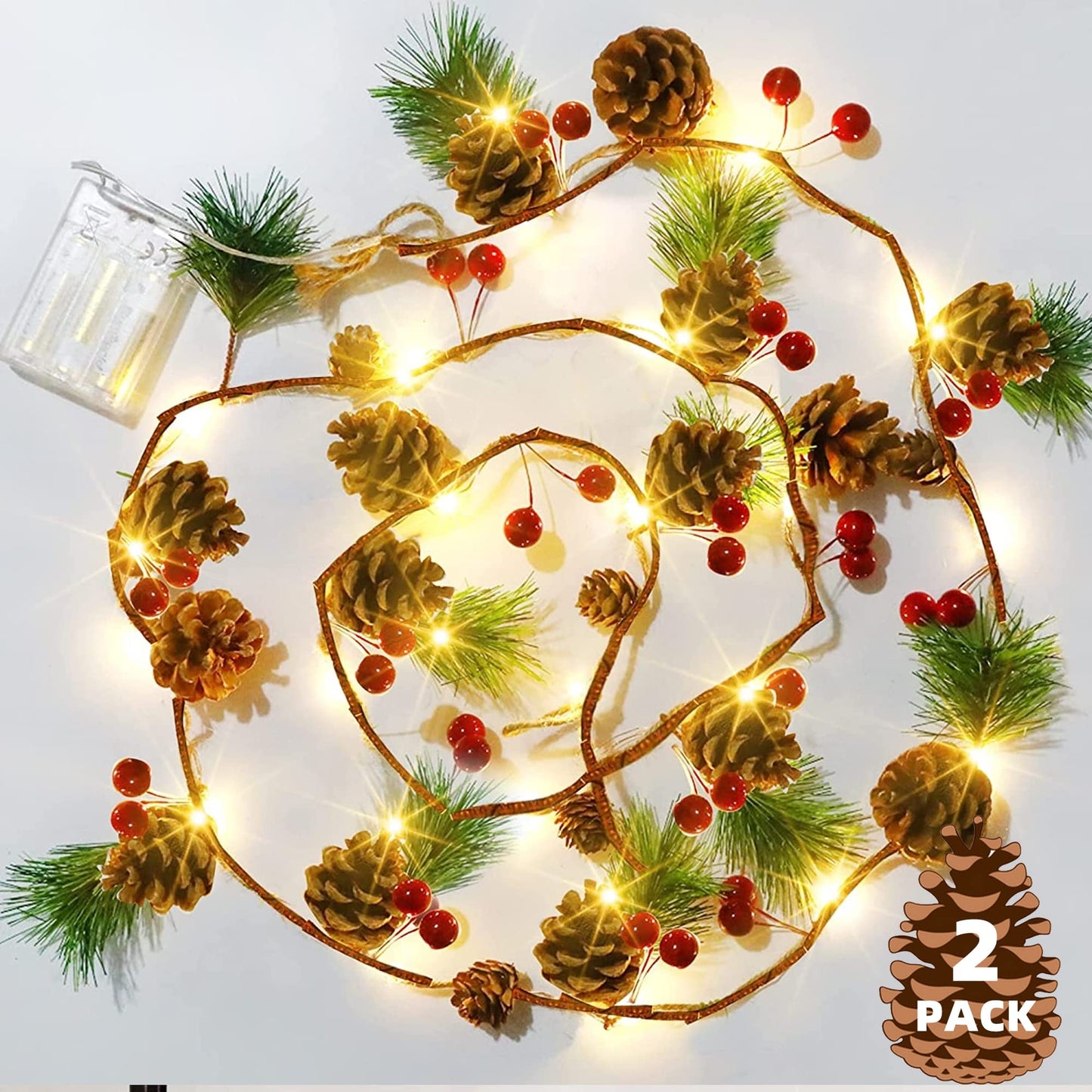 Dazzle Bright 2 Pack Pine Cone Christmas String Lights, Total 13FT 40LED Battery Operated Christmas Garland with Red Berry Pine Cone Fairy String Lights for Indoor Outdoor Xmas Decorations